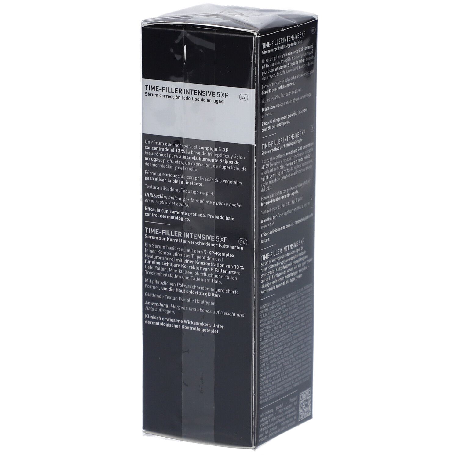 Confezione siero Filorga Time-Filler Intensive 5XP. Scatola nera con nome e dettagli.