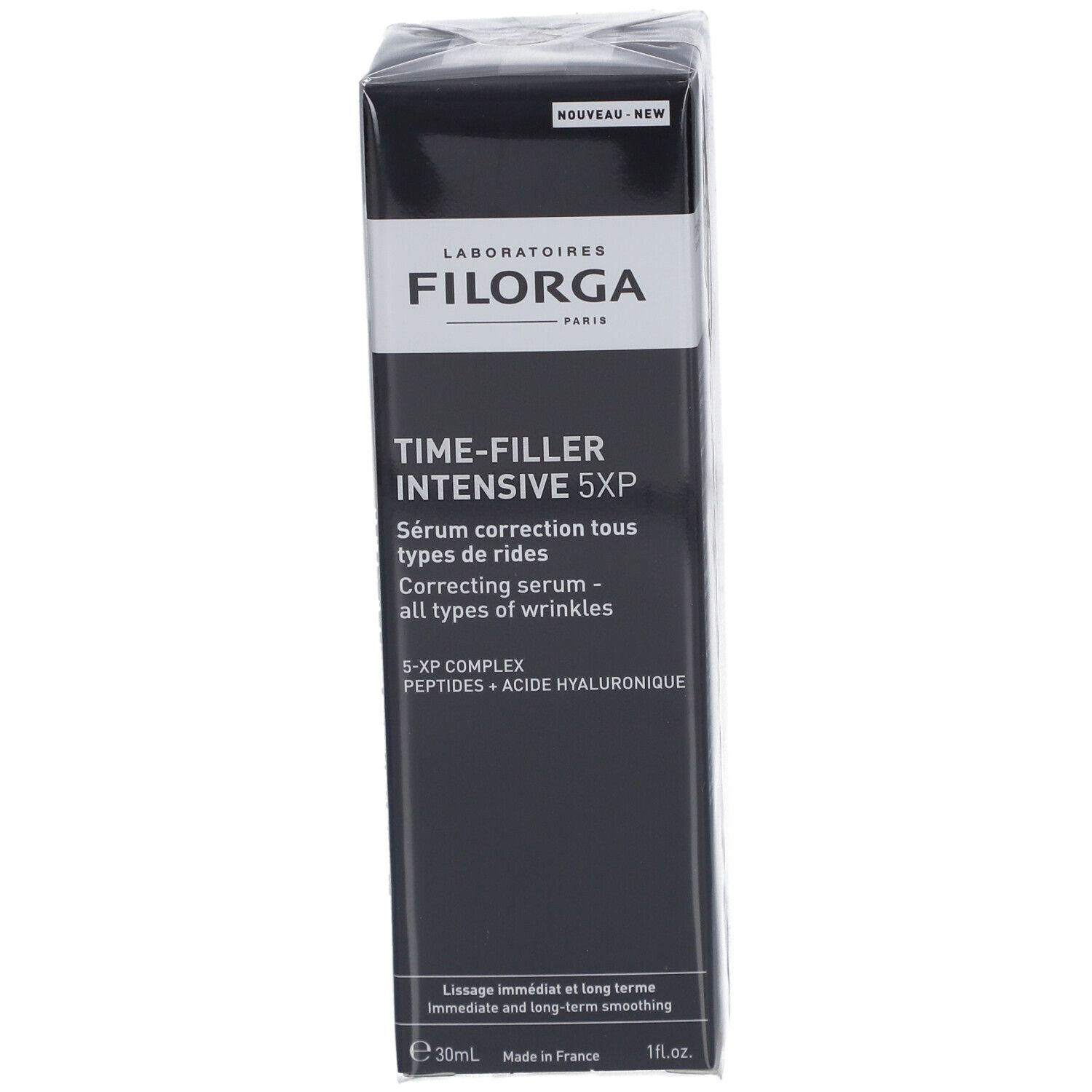 Confezione siero Filorga Time-Filler Intensive 5XP. Scatola nera con nome e dettagli. Etichetta "Nuovo".