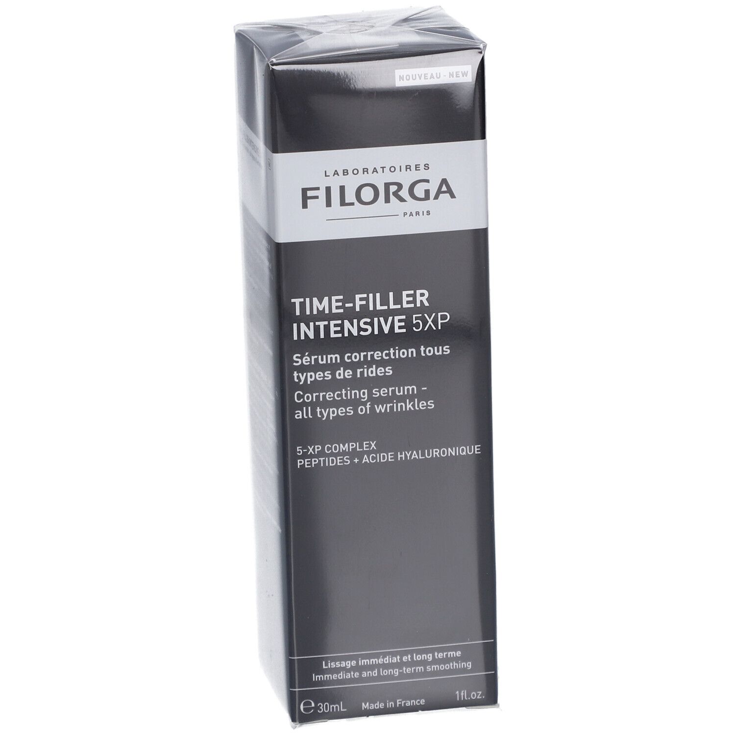 Confezione siero Filorga Time-Filler Intensive 5XP. Scatola nera con nome e dettagli. Etichetta "Nuovo".