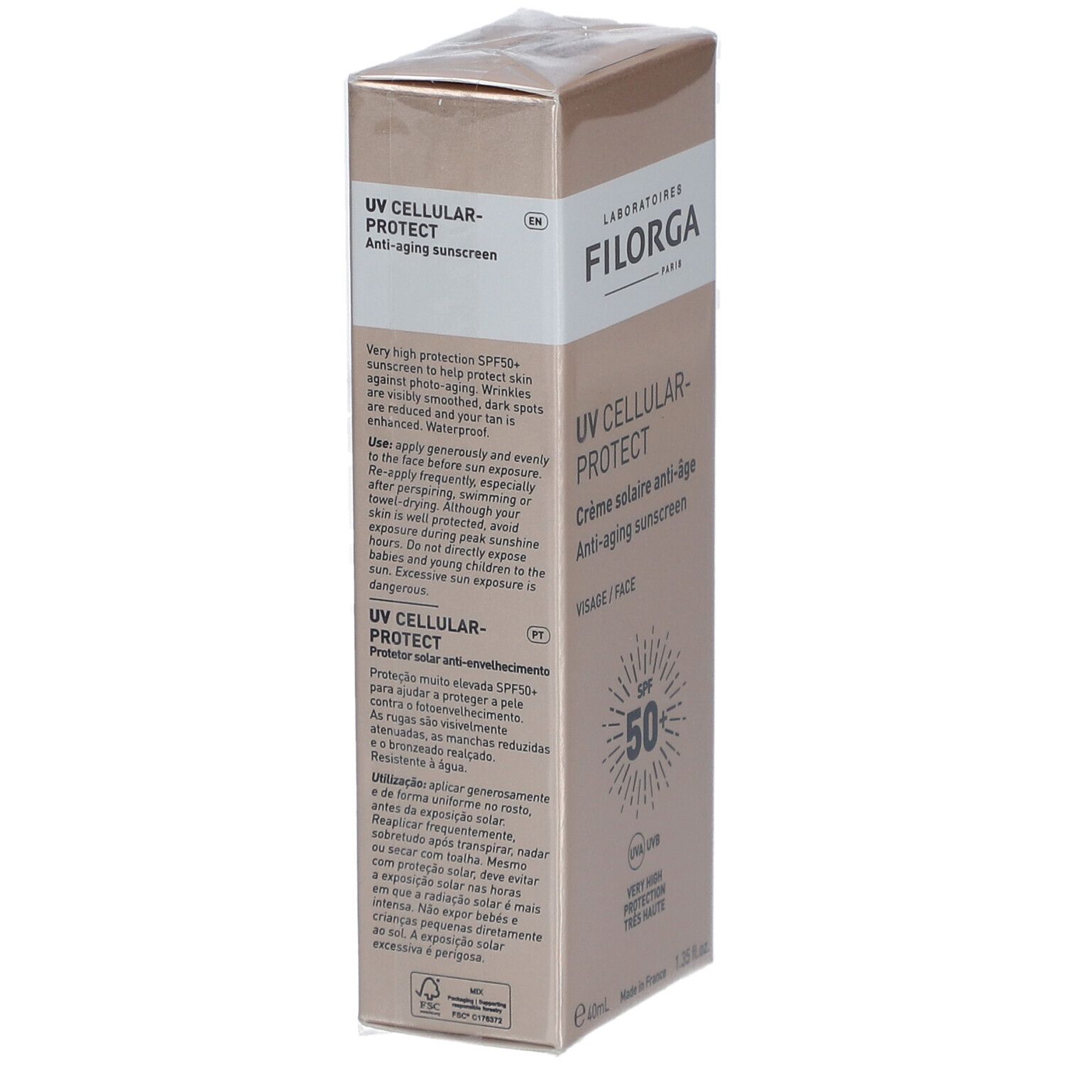 Filorga UV-Cellular Protect SPF 50. Informazioni sul prodotto sulla confezione. Testo multilingue.