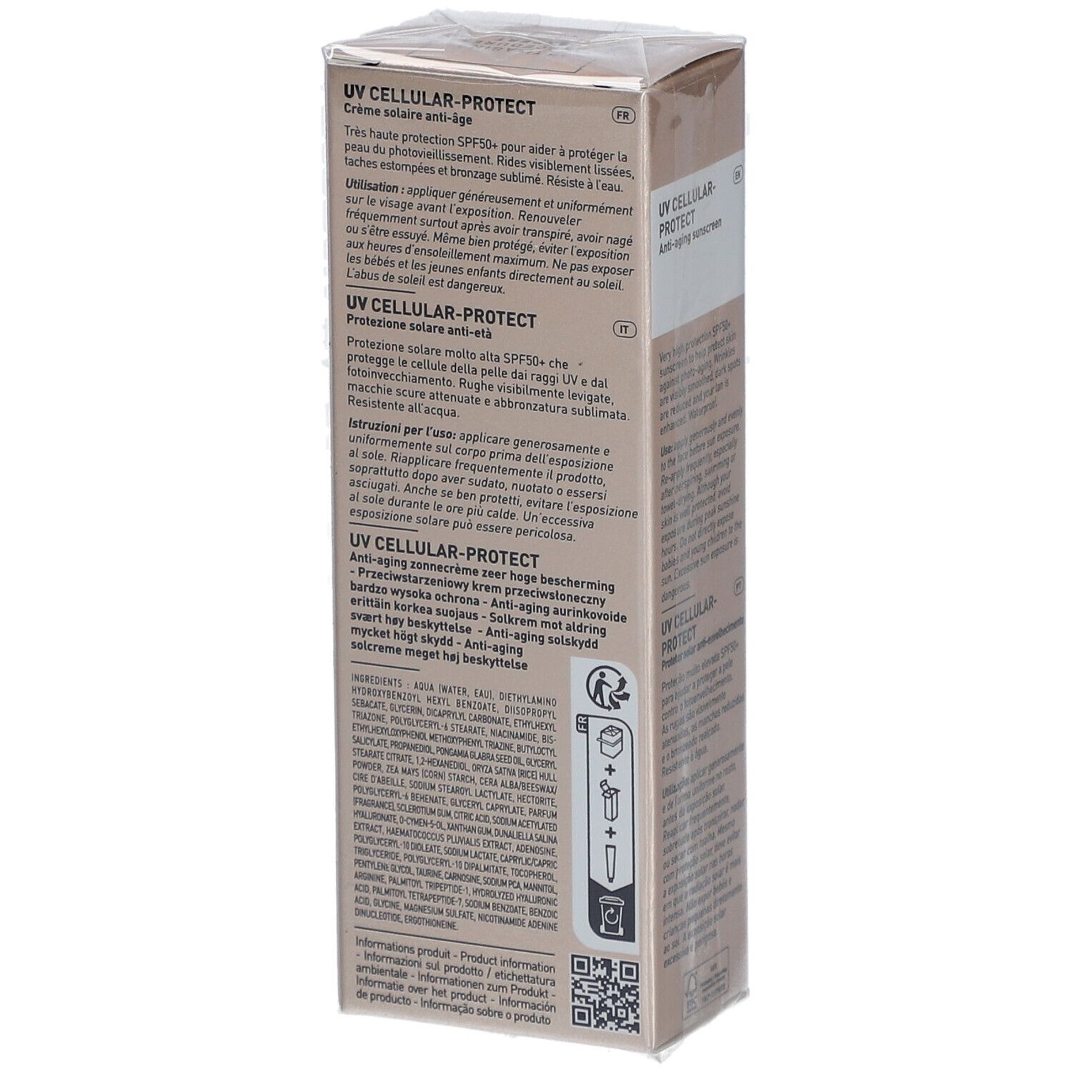 Filorga UV-Cellular Protect SPF 50. Informazioni sulla confezione. Ingredienti e codice QR.