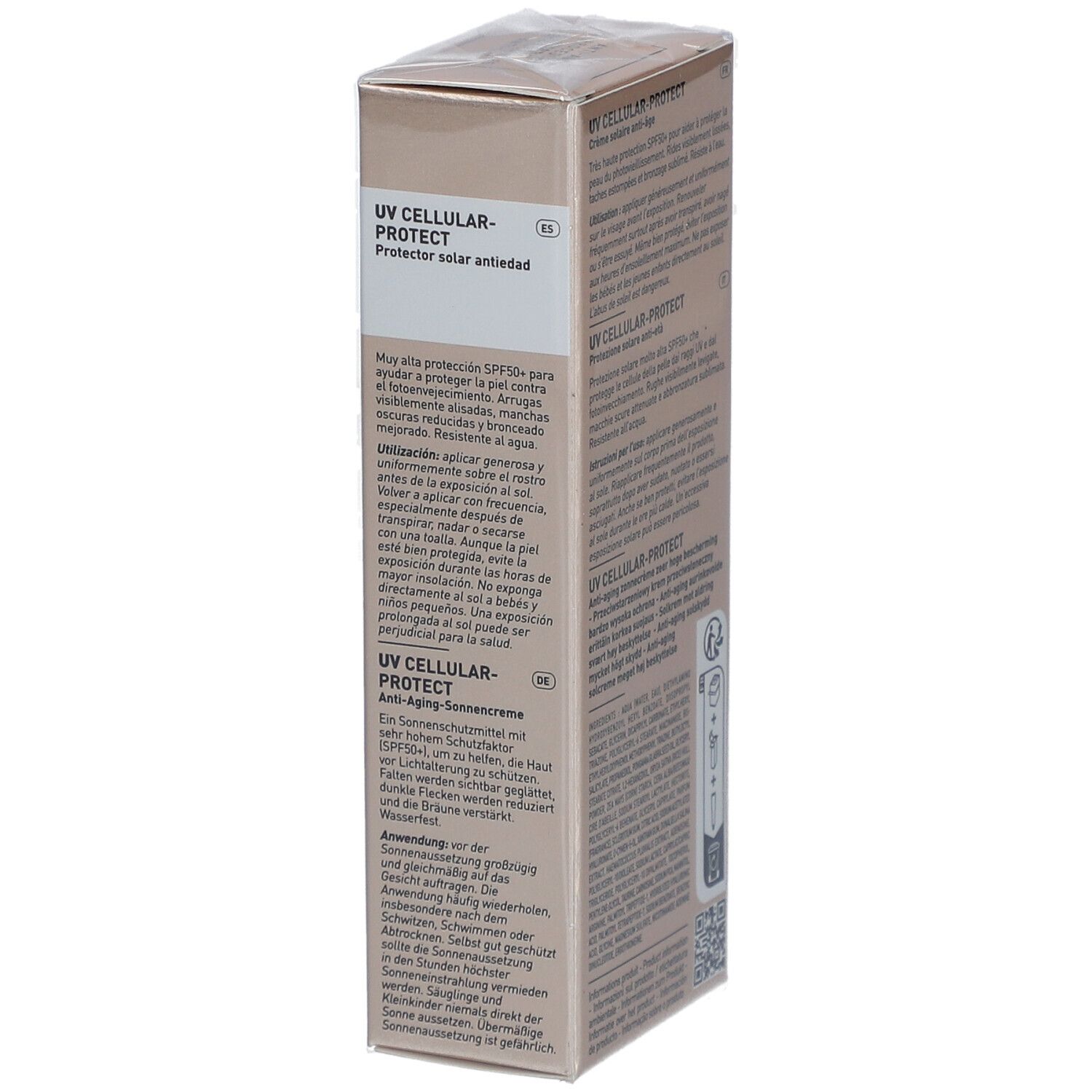 Filorga UV-Cellular Protect SPF 50. Informazioni sulla confezione. Testo multilingue.