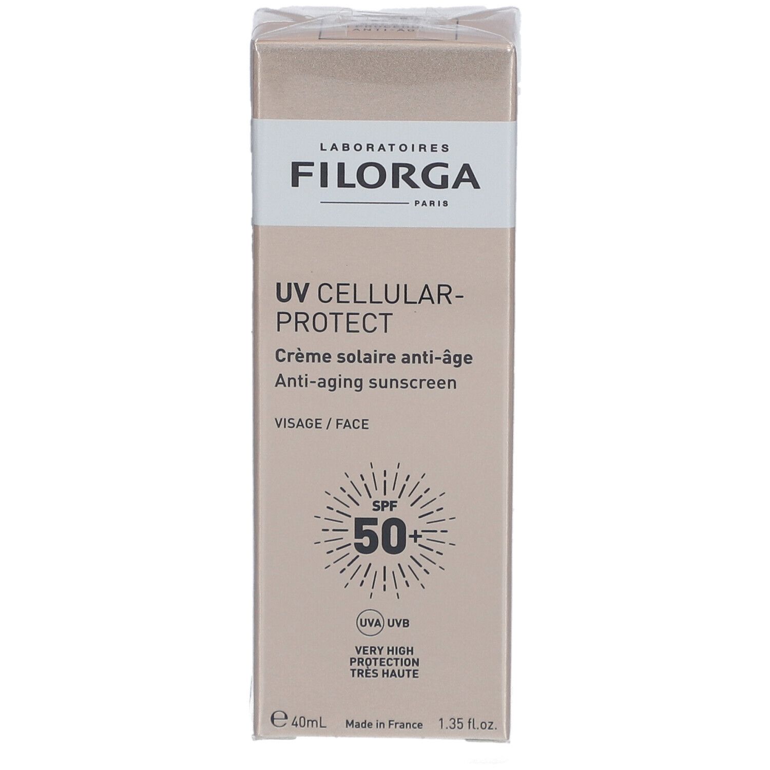 Filorga UV-Cellular Protect SPF 50. Scatola beige con informazioni. Marchio e nome del prodotto visibili.