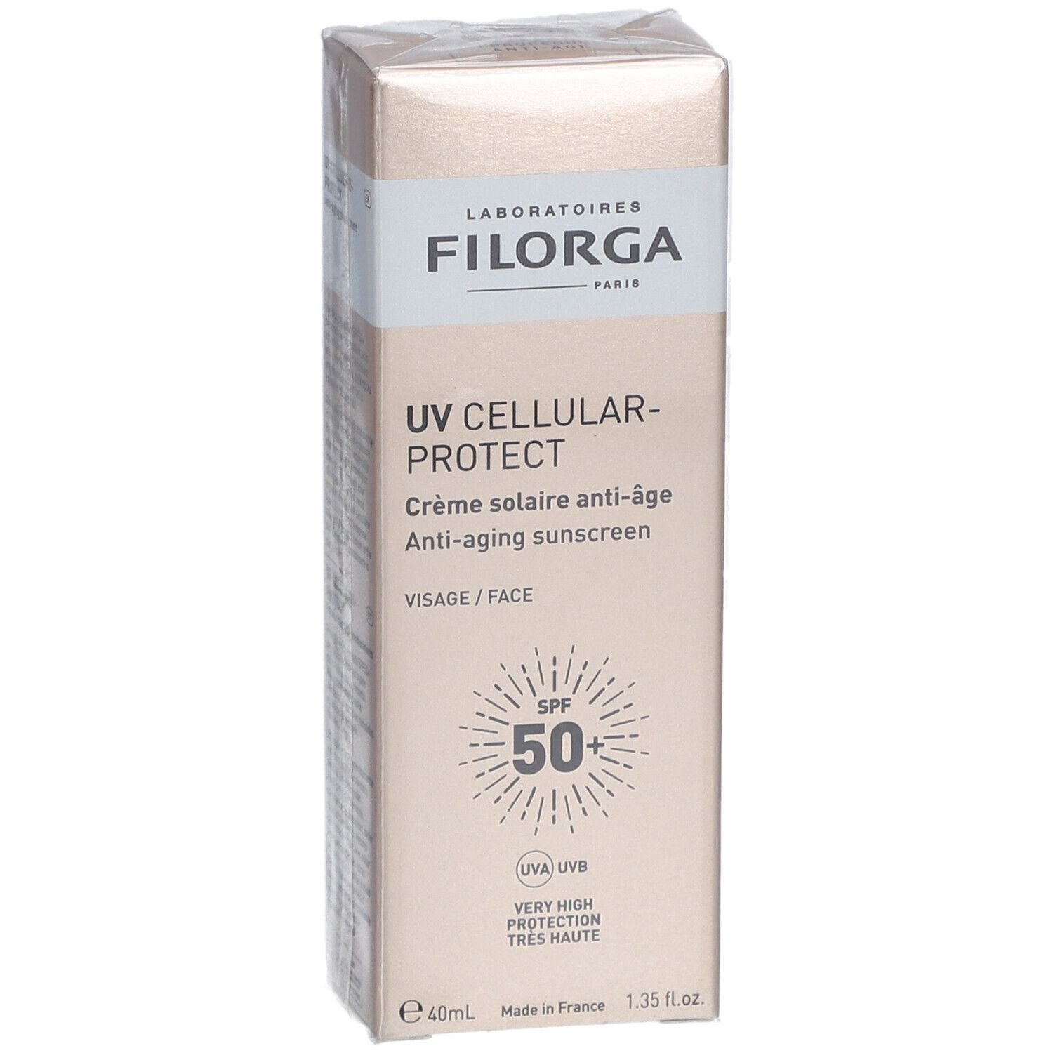 Filorga UV-Cellular Protect SPF 50. Scatola beige con informazioni. Marchio e nome del prodotto visibili.