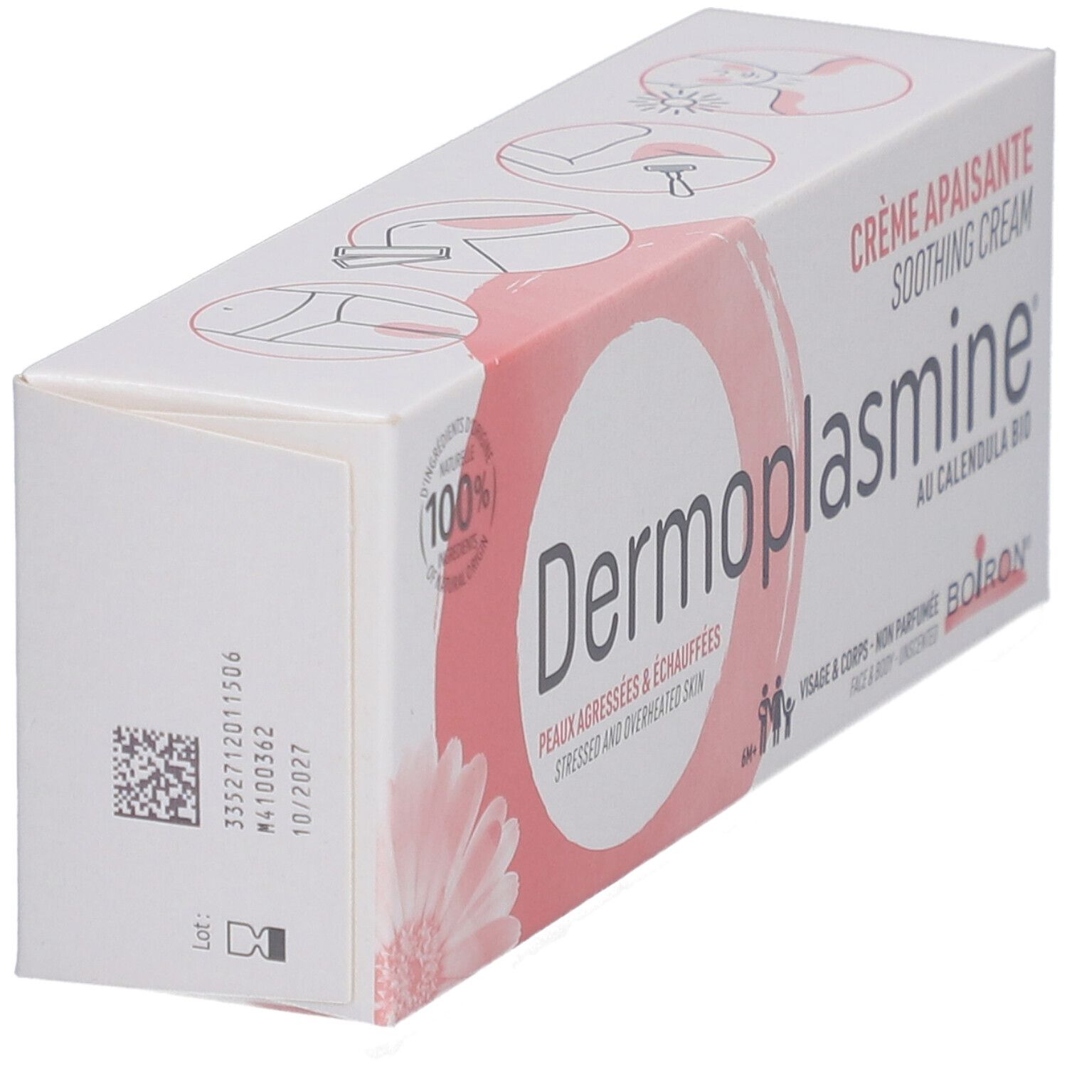 Scatola bianca e rosa in diagonale. Scritta: Dermoplasmine, Crème apaisante, au Calendula bio.