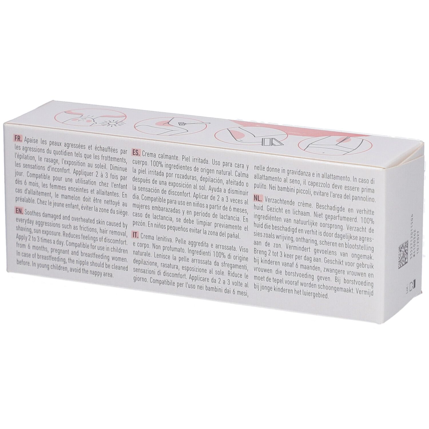 Scatola bianca con testo multilingue. Scritta: Dermoplasmine, Crème apaisante, au Calendula bio.