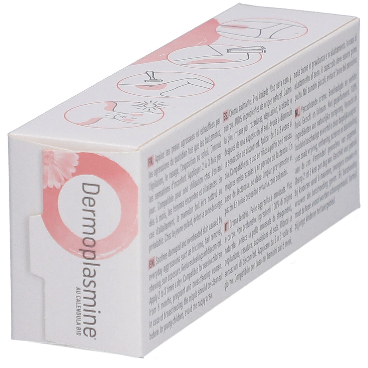 Scatola bianca in diagonale con testo multilingue. Scritta: Dermoplasmine, au Calendula bio.