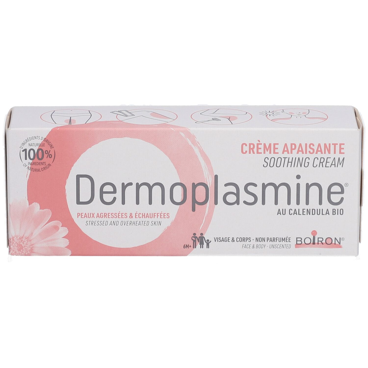 Scatola bianca e rosa. Scritta: Dermoplasmine, Crème apaisante, au Calendula bio. Logo Boiron.