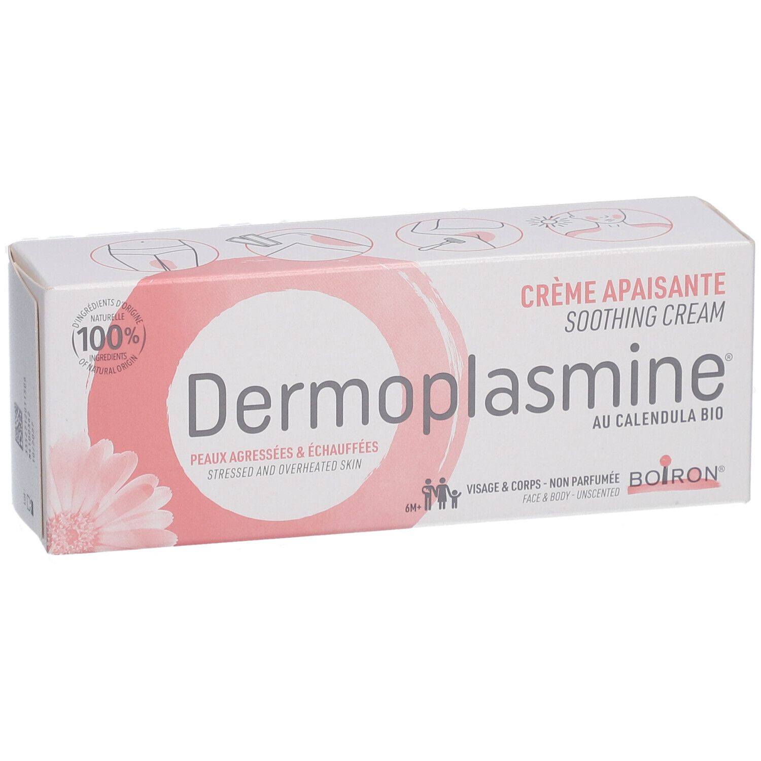 Scatola bianca e rosa. Scritta: Dermoplasmine, Crème apaisante, au Calendula bio. Logo Boiron.
