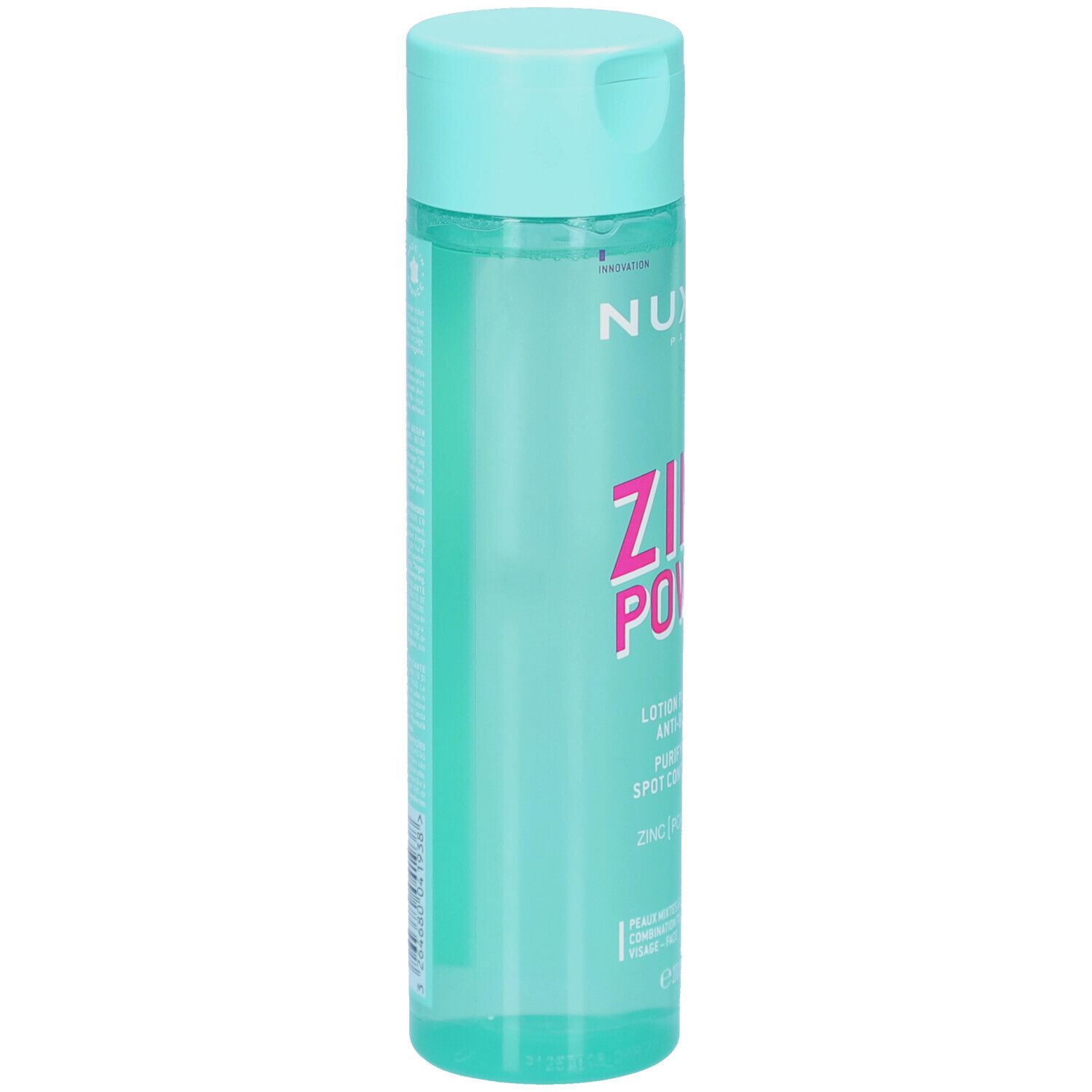 Flacone cilindrico con tappo turchese. Scritta: Nuxe, Zinc Power. Liquido trasparente visibile. Vista laterale.