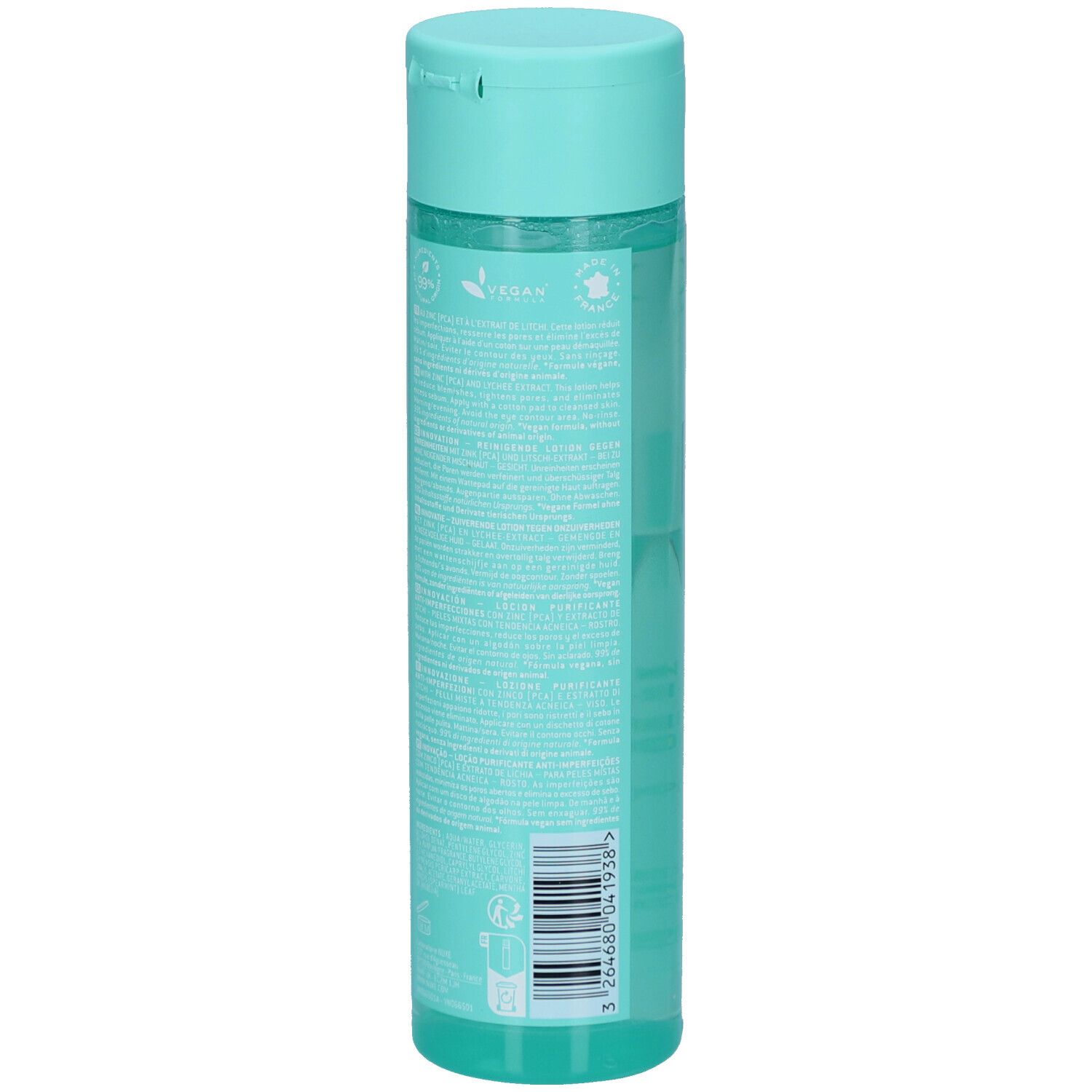 Retro di un flacone cilindrico con tappo turchese. Testo e loghi su sfondo verde chiaro. Codice a barre.