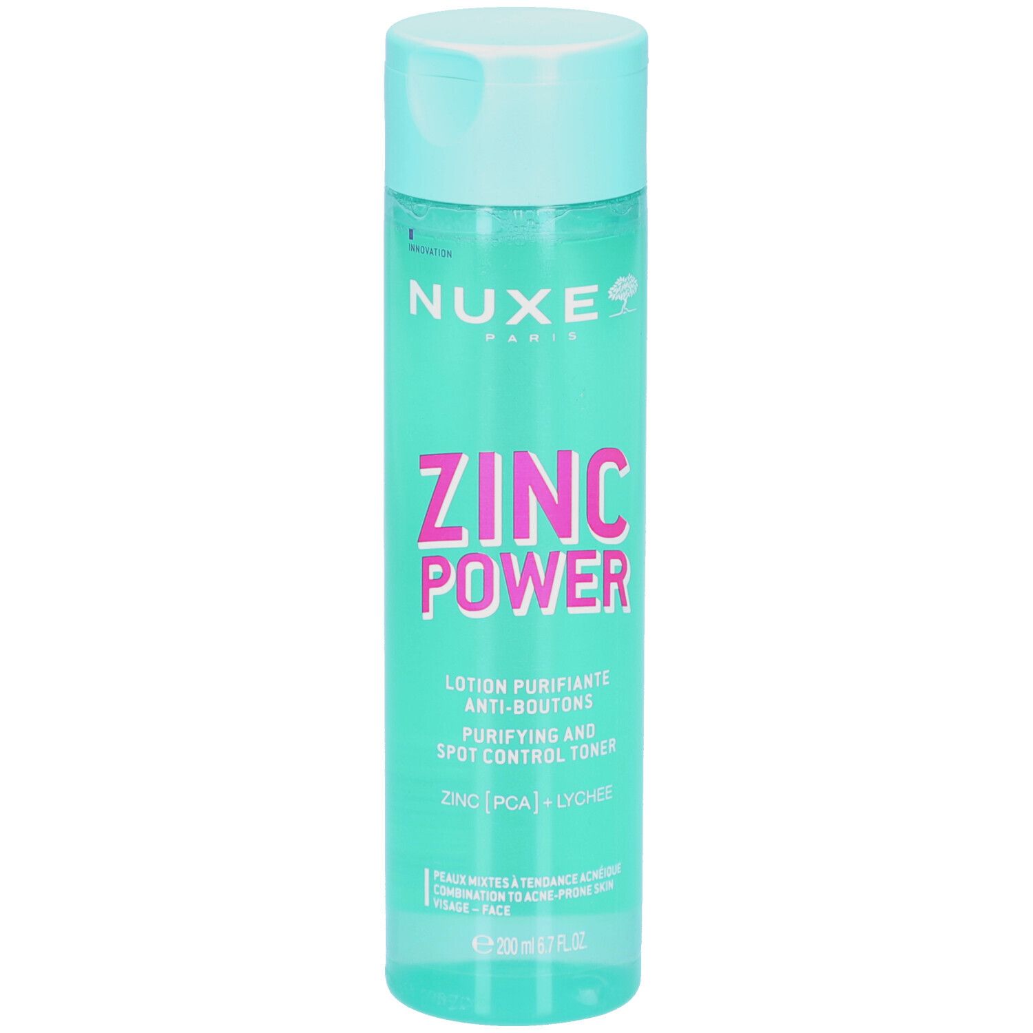 Flacone cilindrico con tappo turchese. Scritta: Nuxe, Zinc Power, Lotion Purifiante Anti-Boutons. Liquido trasparente visibile.