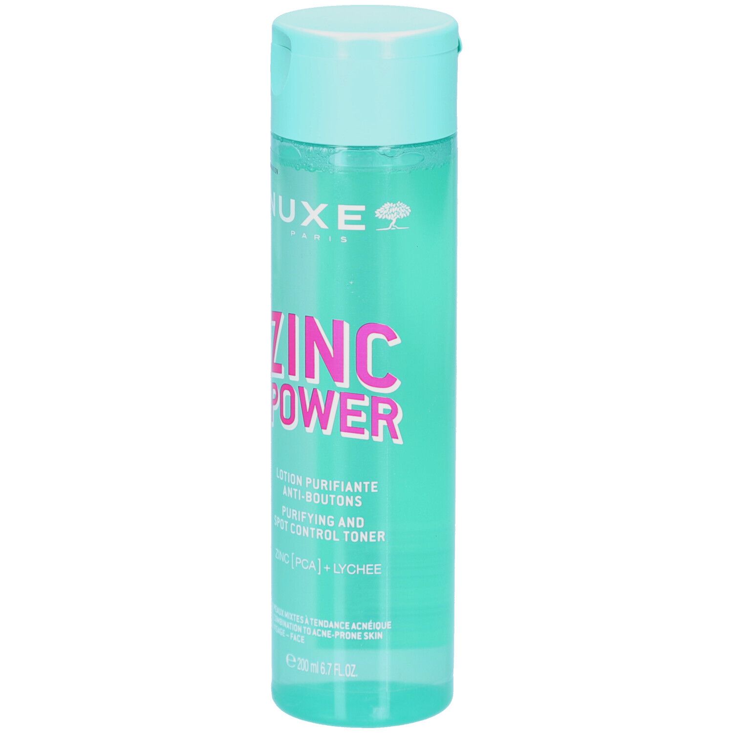 Flacone cilindrico con tappo turchese. Scritta: Nuxe, Zinc Power, Lotion Purifiante Anti-Boutons. Liquido trasparente visibile.