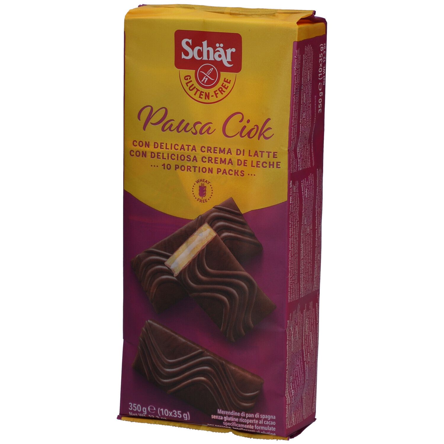 Confezione di Schär Pausa Ciok senza glutine. Sfondo giallo-viola. Immagine del prodotto. Testo: Pausa Ciok, senza glutine, 10 porzioni.