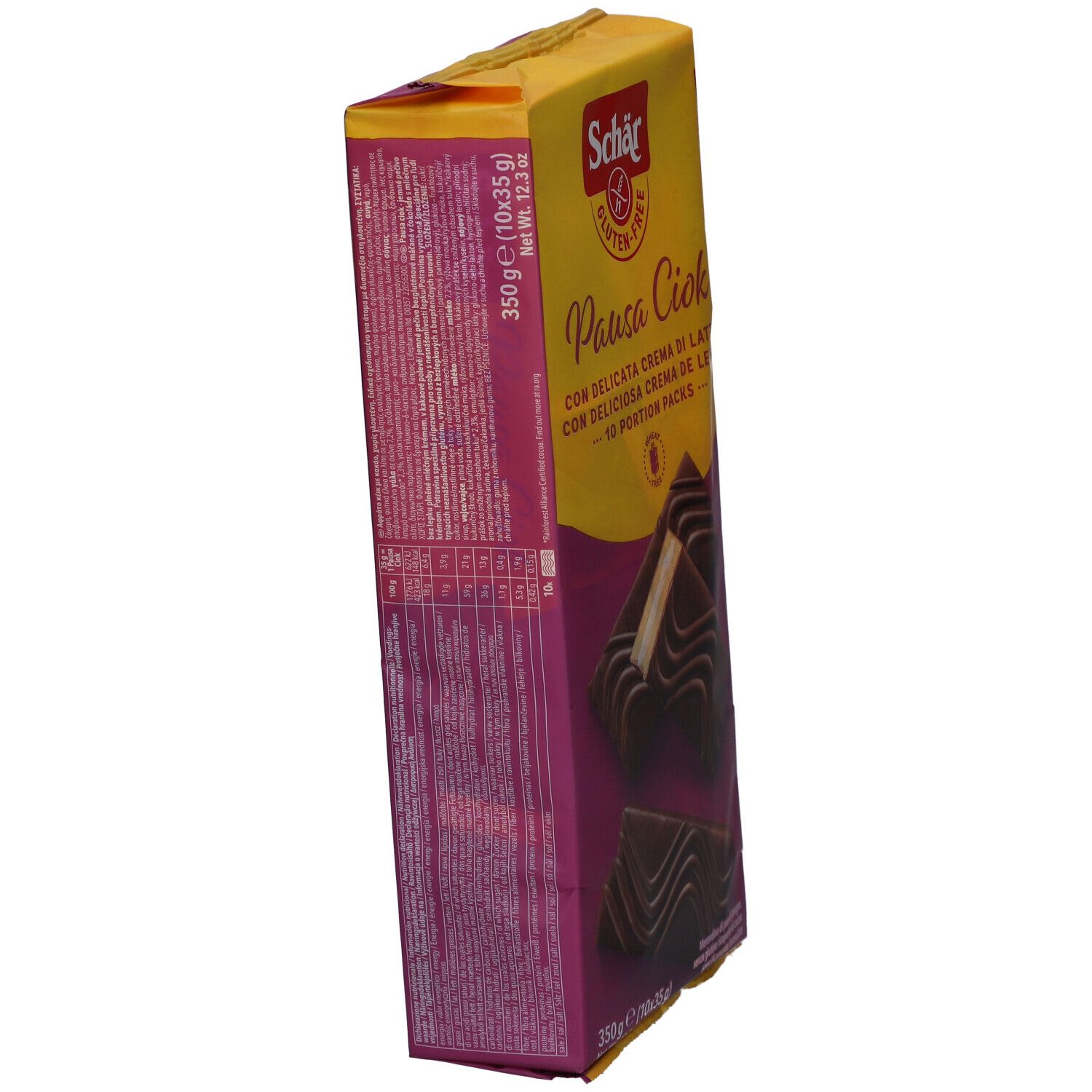 Vista obliqua della confezione Schär Pausa Ciok senza glutine. Giallo-viola. Testo e immagine del prodotto. Logo senza glutine. 350g (10x35g).