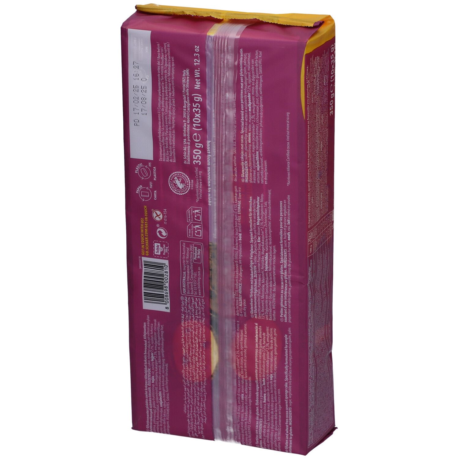 Retro della confezione Schär Pausa Ciok senza glutine. Sfondo viola. Testo. Logo senza glutine. 350g (10x35g).
