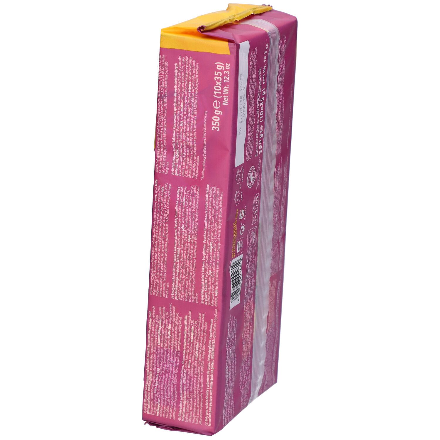 Vista obliqua del retro della confezione Schär Pausa Ciok senza glutine. Sfondo viola. Testo. 350g (10x35g).
