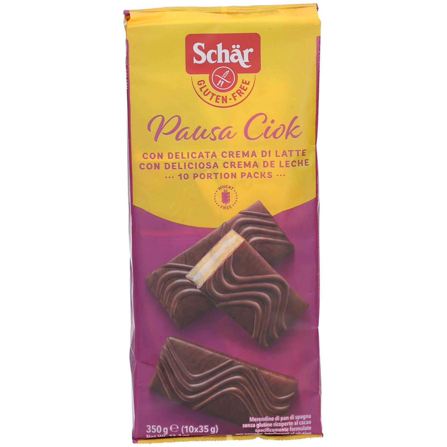 Confezione Schär Pausa Ciok senza glutine. Sfondo giallo-viola. Immagine del prodotto. Testo: Pausa Ciok, senza glutine, 10 porzioni.