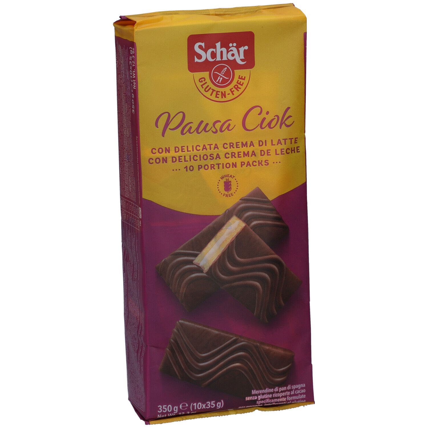 Vista obliqua della confezione Schär Pausa Ciok senza glutine. Sfondo giallo-viola. Immagine del prodotto. Testo: Pausa Ciok, senza glutine, 10 porzioni.