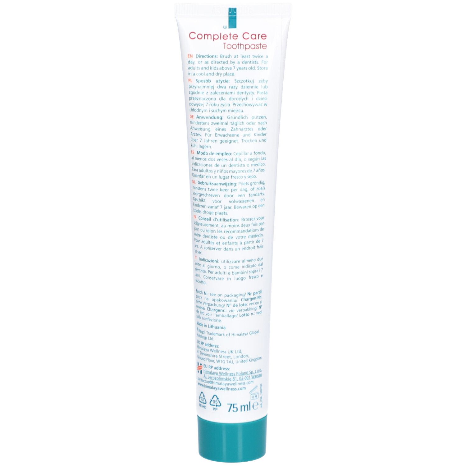 Retro del tubetto di dentifricio Himalaya Botanique Complete Care. Testo multilingue, 75 ml.
