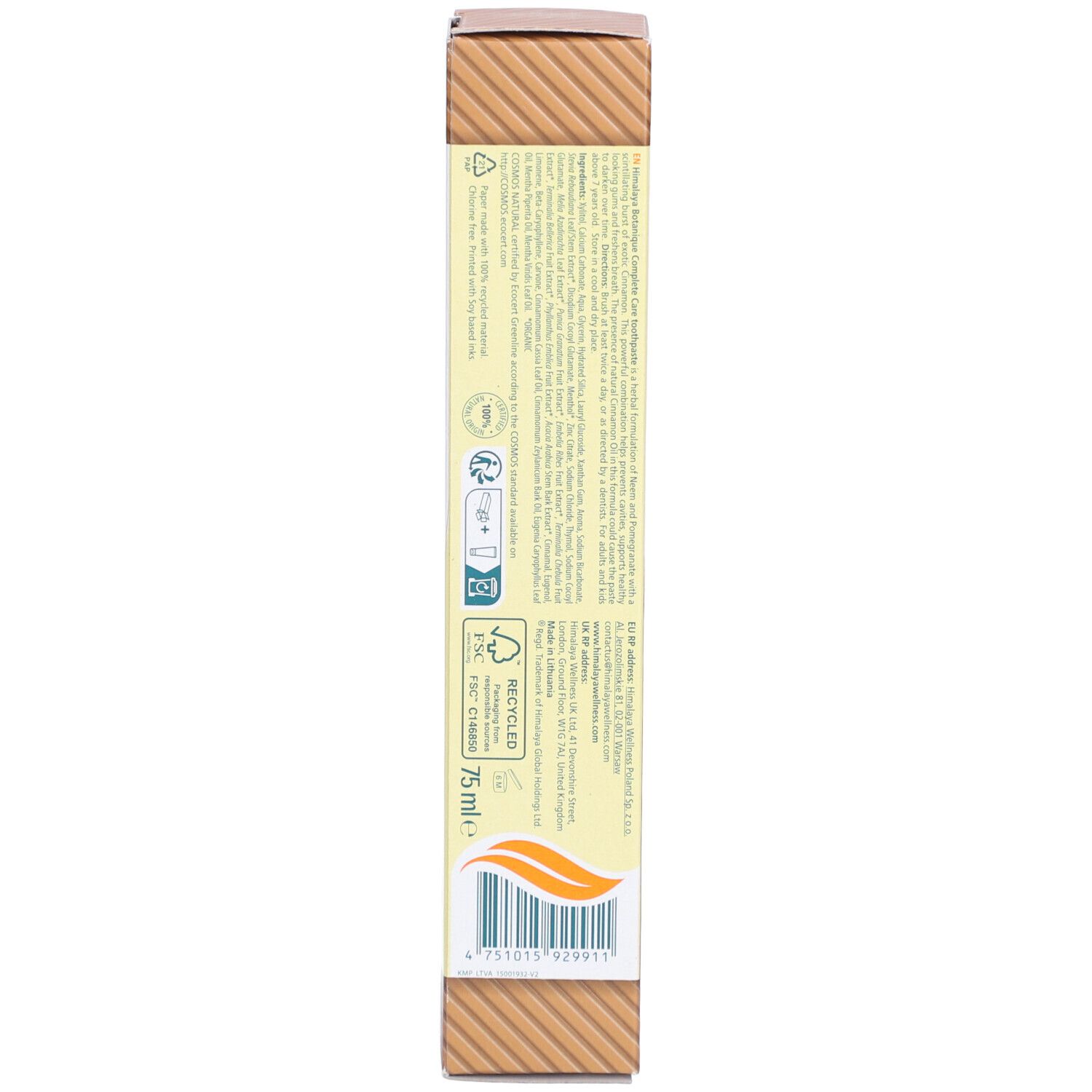 Retro della scatola Himalaya Botanique Complete Care. Testo, loghi, marrone e giallo. Forma quadrata.