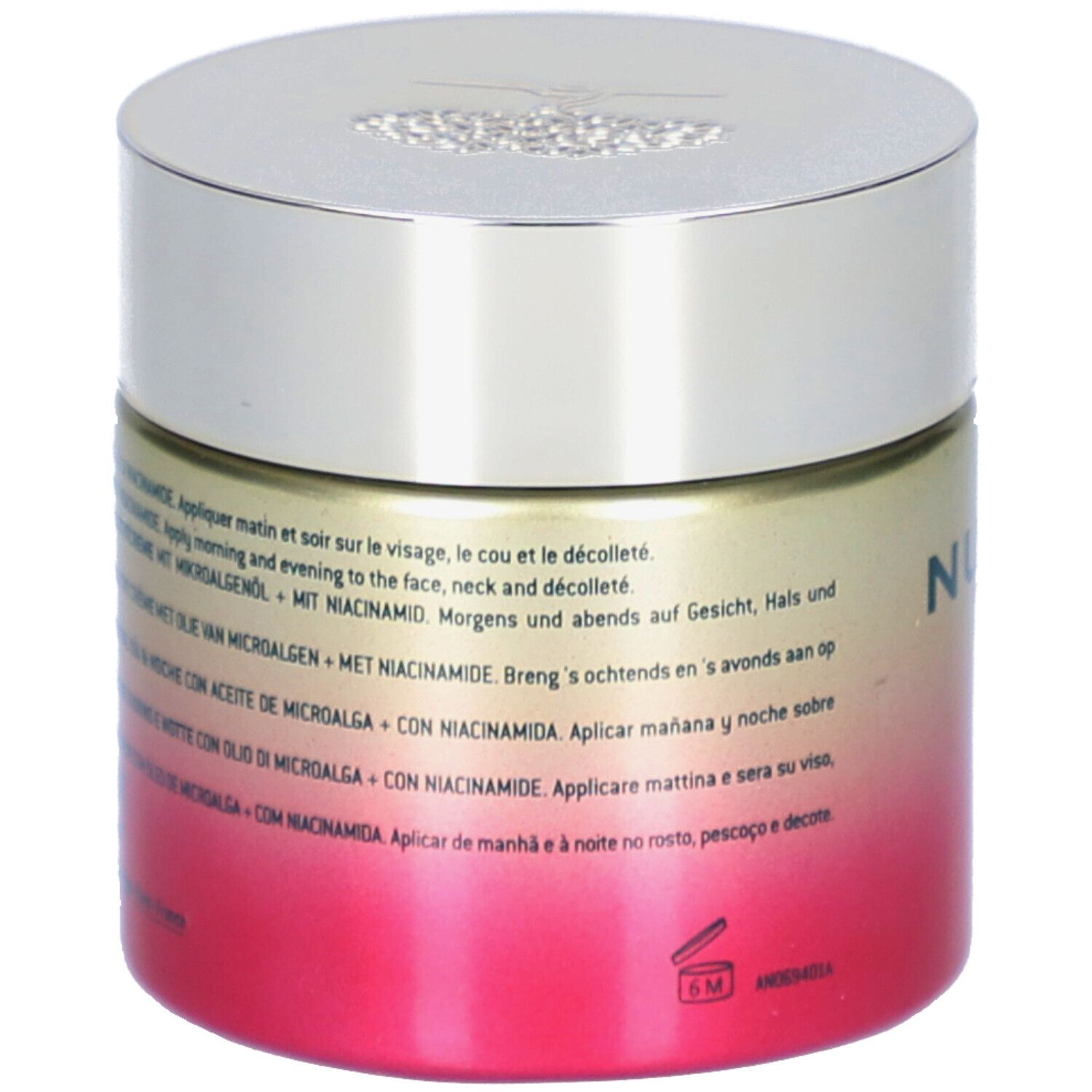 Retro del vaso Nuxe Merveillance Lift con istruzioni per l'uso multilingue.