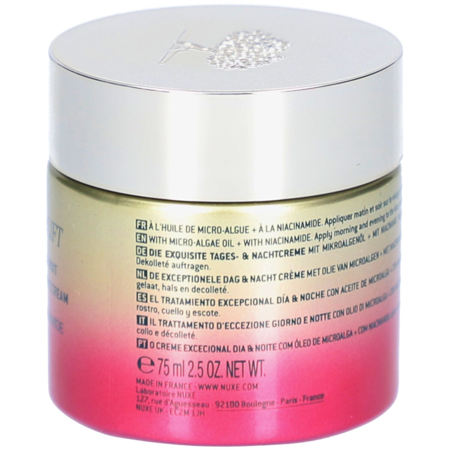 Vaso e confezione Nuxe Merveillance Lift con informazioni sul prodotto e indicazione 75ml.
