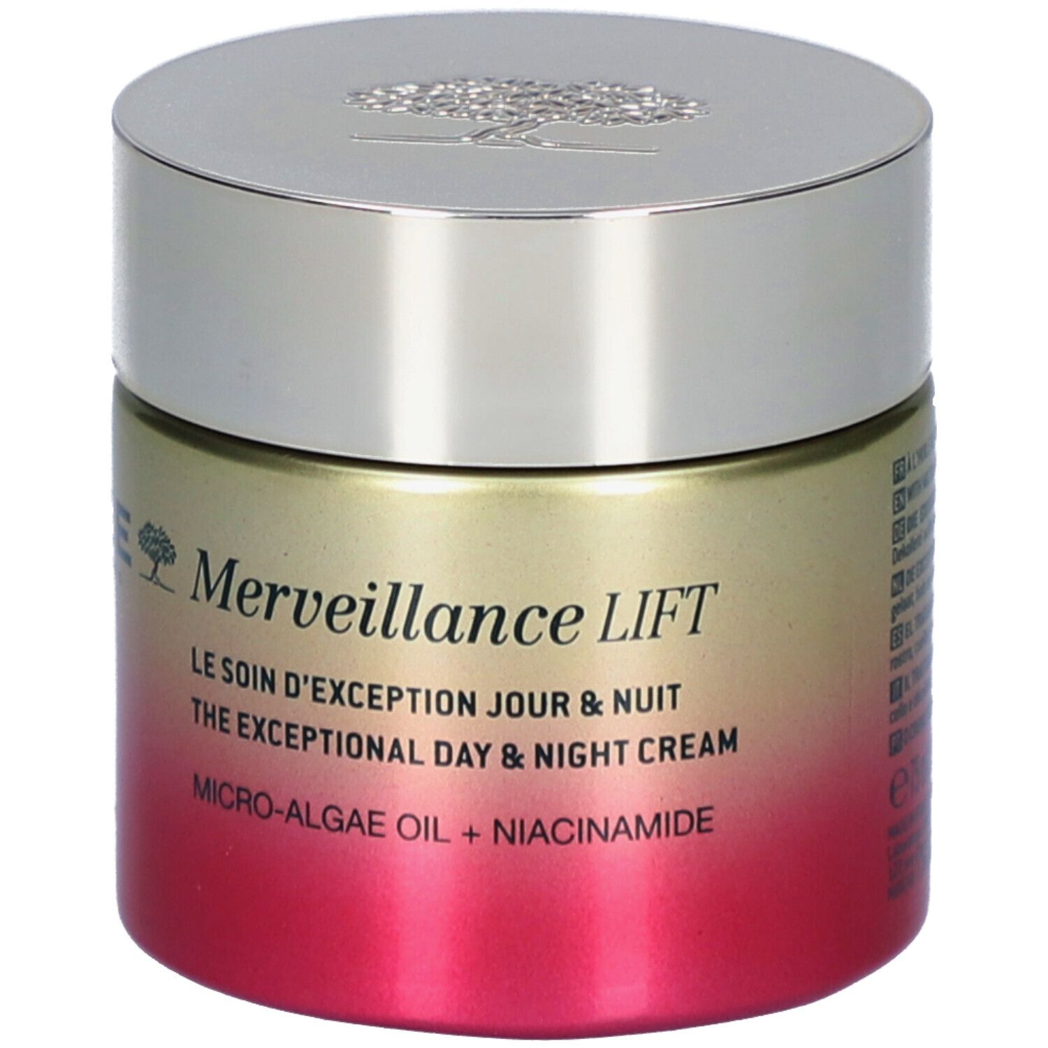 Vaso Nuxe Merveillance Lift con coperchio argentato, sfumatura oro-rossa.