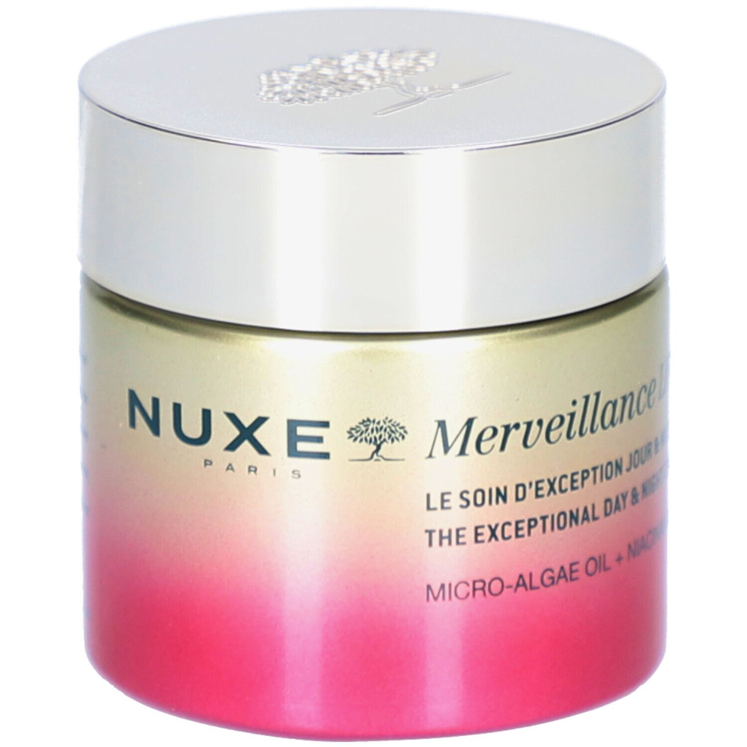 Vaso Nuxe Merveillance Lift con coperchio argentato, sfumatura oro-rossa.