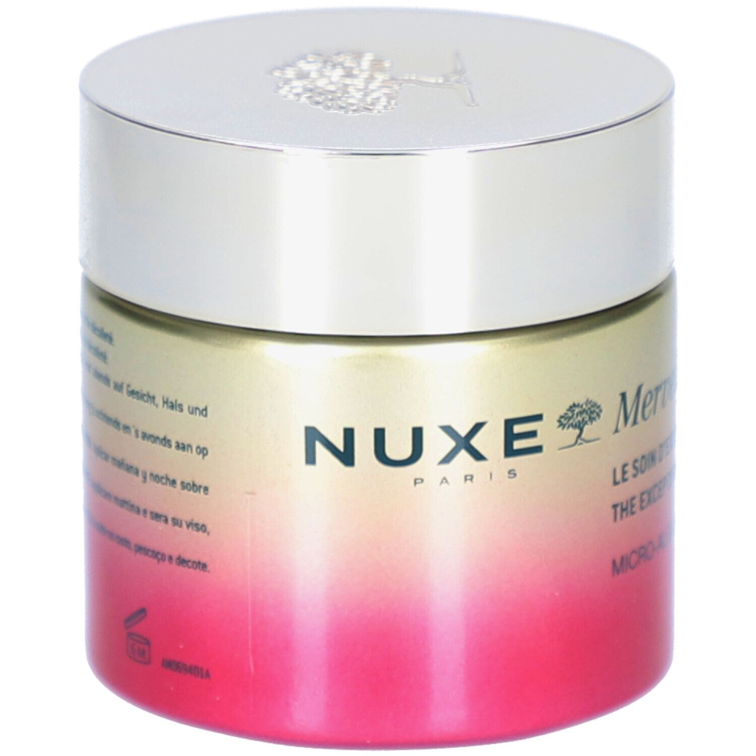 Vaso Nuxe Merveillance Lift con coperchio argentato, sfumatura oro-rossa.