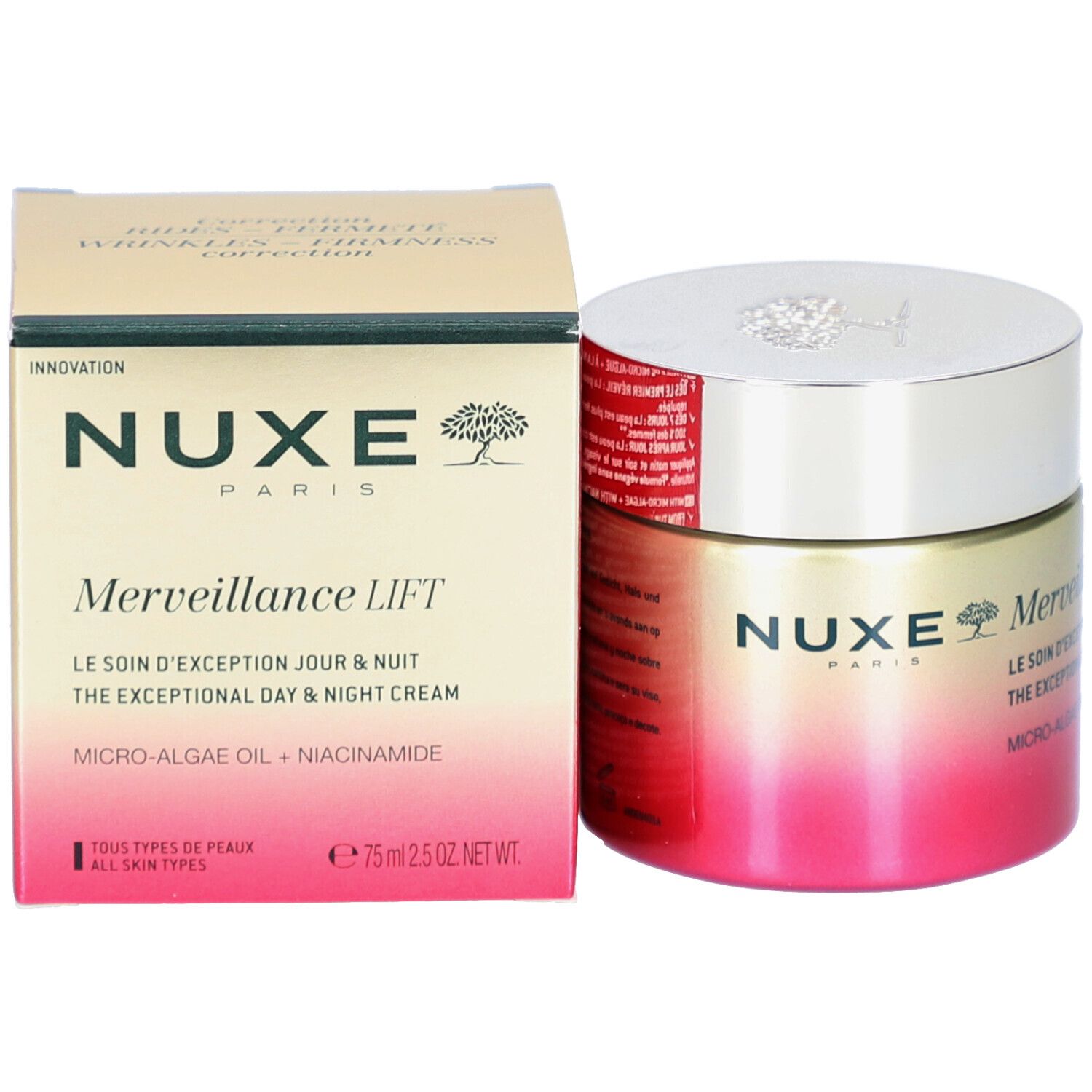 Vaso e confezione Nuxe Merveillance Lift con informazioni sul prodotto e indicazione 75ml.