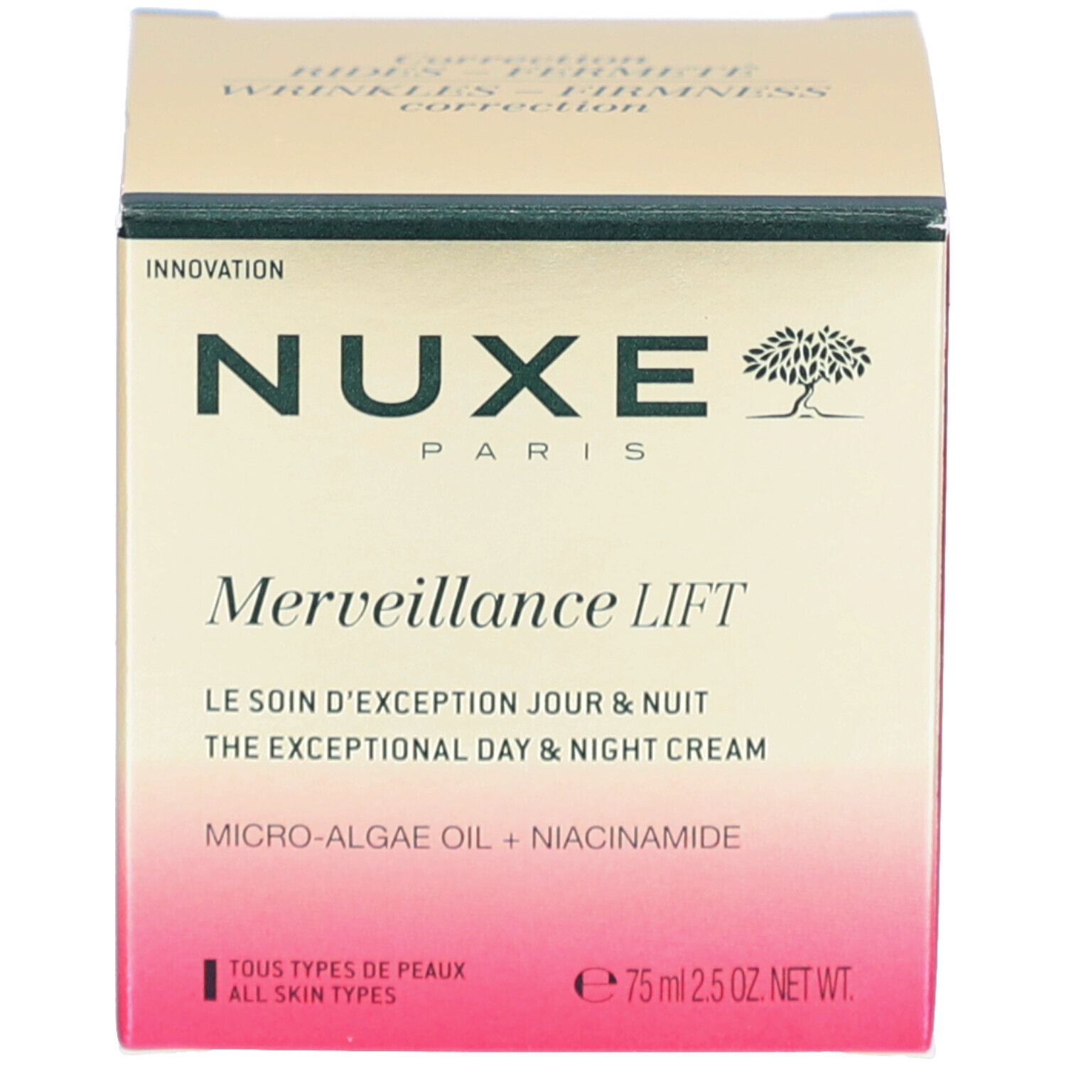 Confezione Nuxe Merveillance Lift con informazioni prodotto, sigilli e indicazione 75ml.
