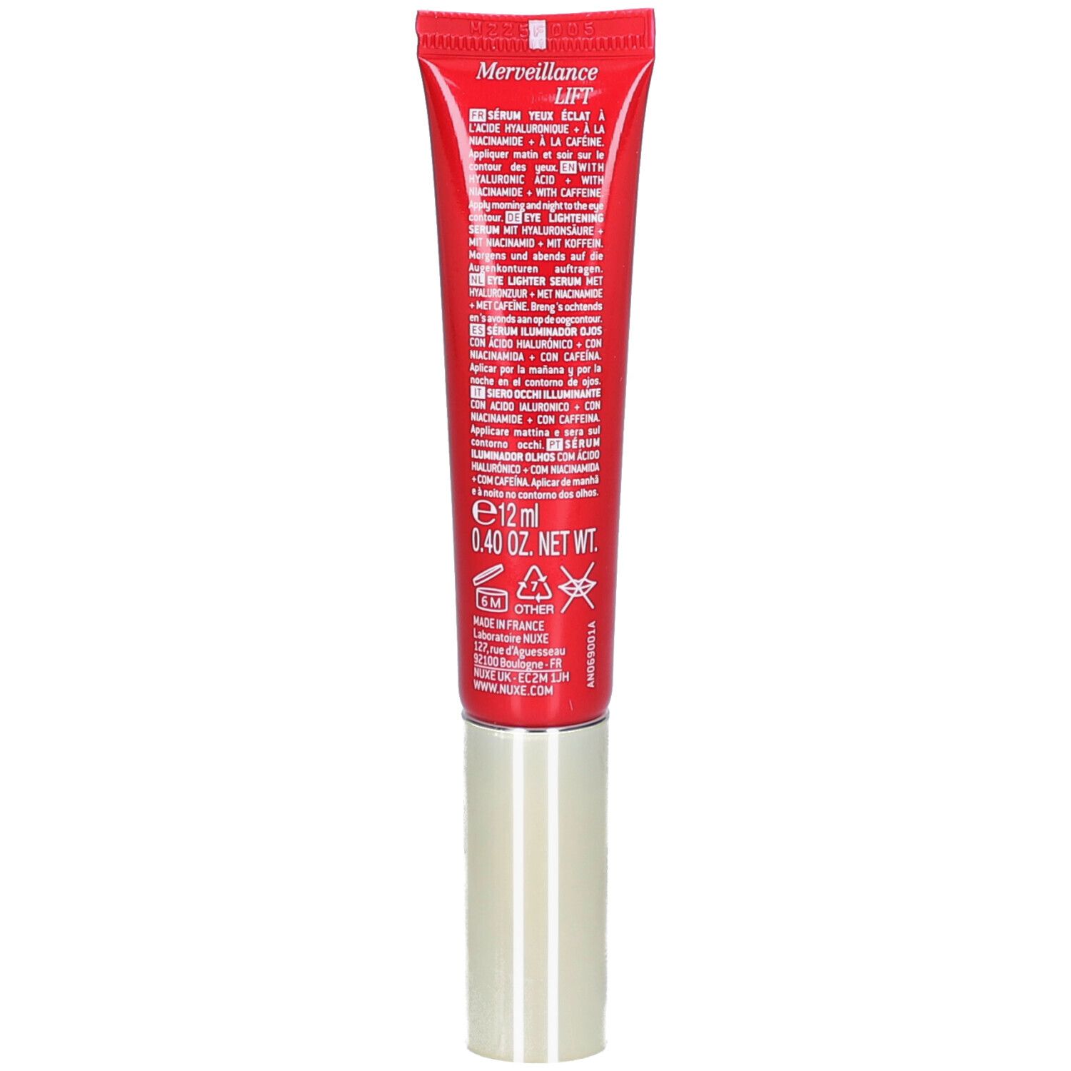 Retro del tubo rosso. Testo multilingue. Contiene informazioni sugli ingredienti e l'uso.