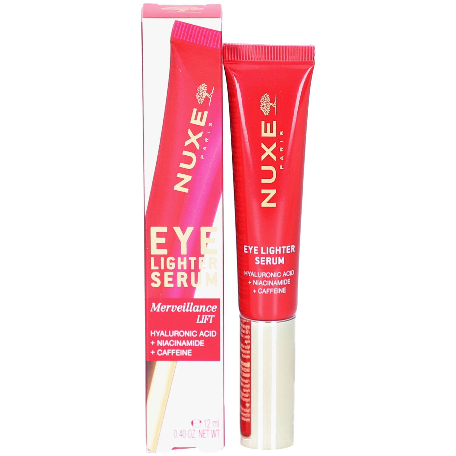 Confezione del prodotto: tubo e scatola rossi. Scritta: Eye Lighter Serum, Acido ialuronico, Niacinamide, Caffeina.