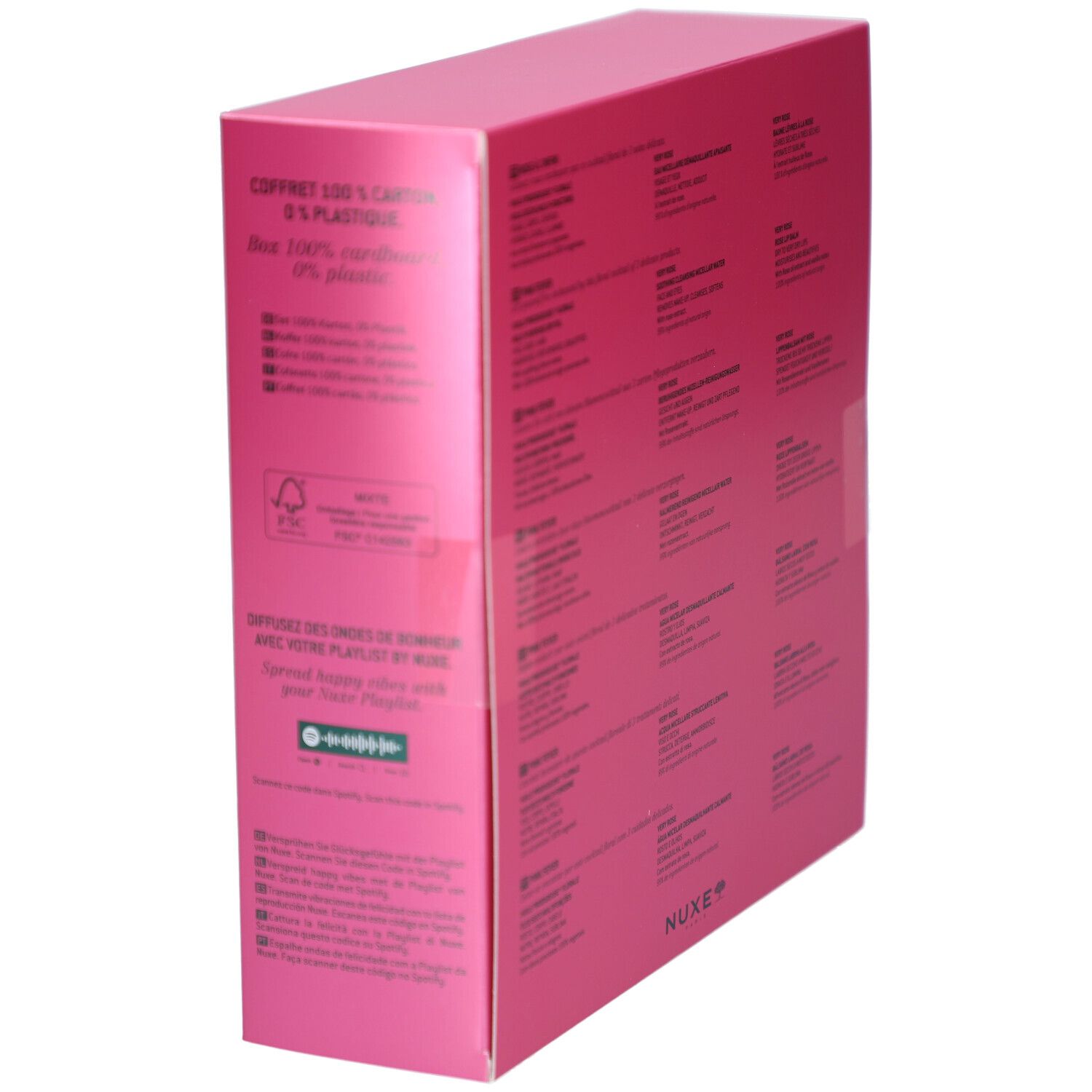 Vista laterale della confezione regalo rosa. Testo e loghi. Logo FSC.