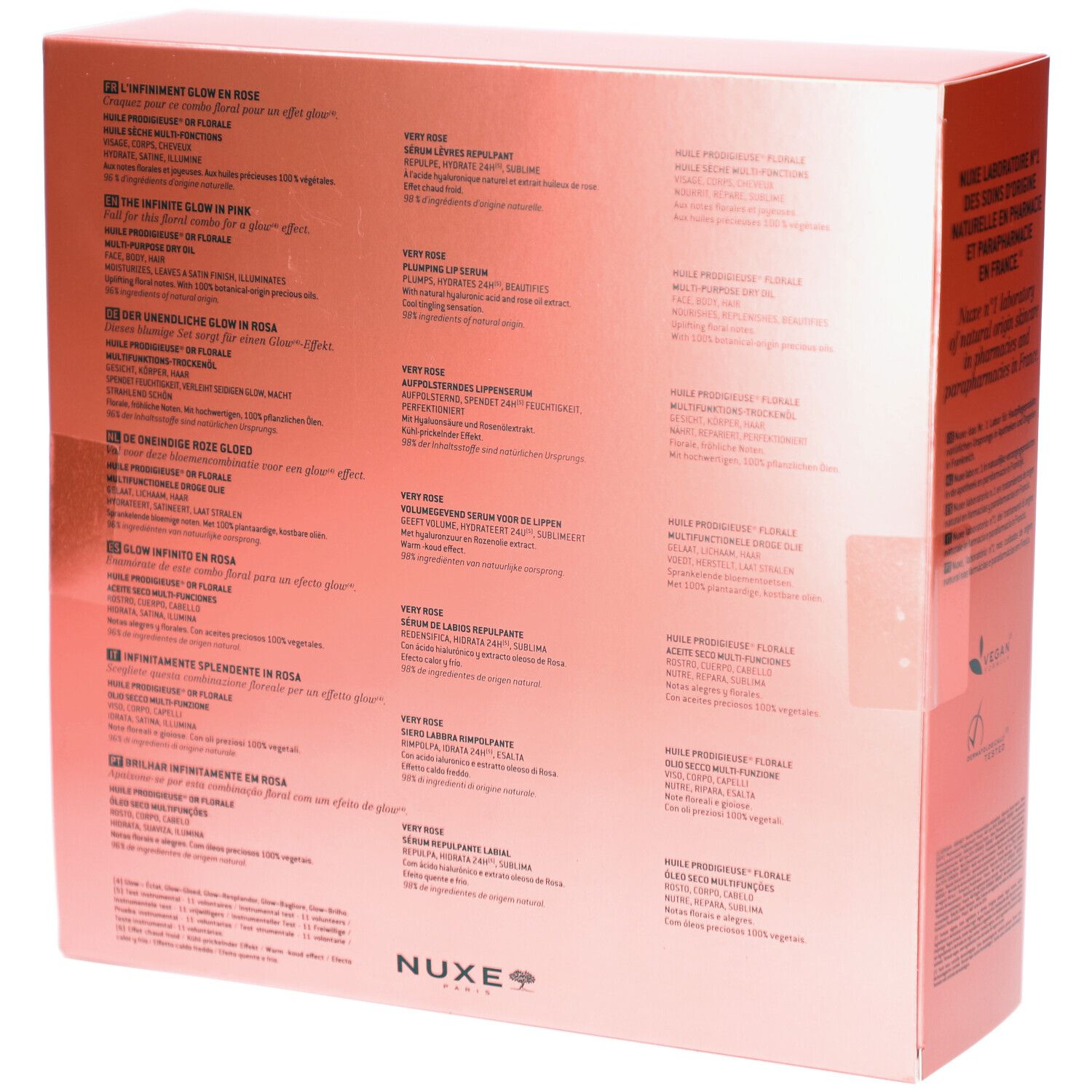 Retro della confezione regalo rosa. Testo multilingue. Logo: Nuxe Paris. Testo: L'Infiniement Glow en Rose, 100% vegetale.