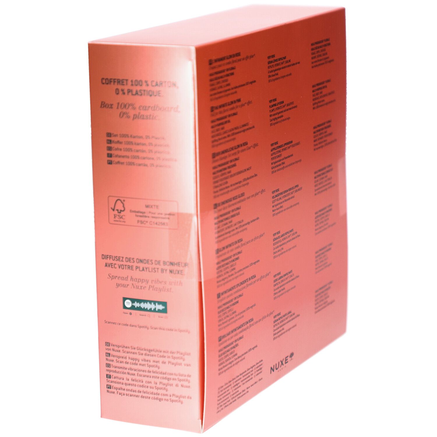 Confezione regalo rosa con testo. Testo: Coffret 100% carton, 0% plastique. Logo FSC. Testo: Nuxe Paris, codice Spotify.