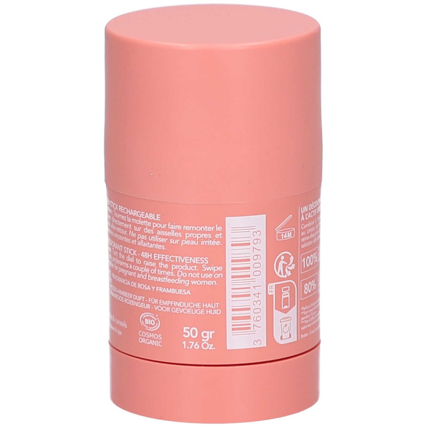 Uno stick rosa da 50g, certificato COSMOS ORGANIC.