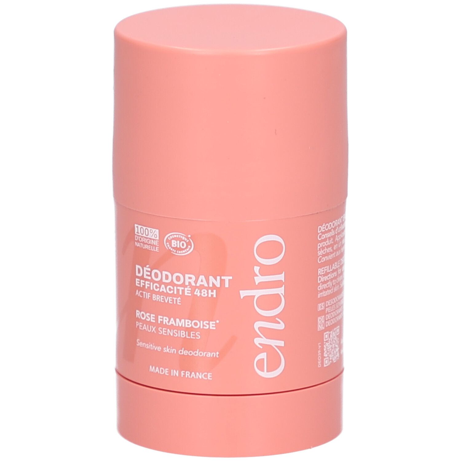 Un deodorante stick rosa con marchio 'endro'. Etichette: 'DÉODORANT EFFICACITÉ 48H', 'ROSE FRAMBOISE', 'PEAUX SENSIBLES'.