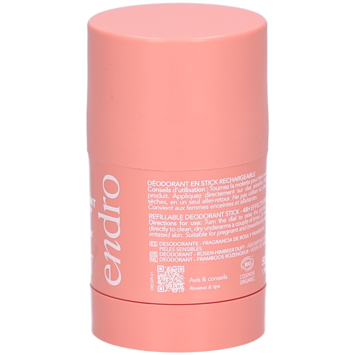 Un deodorante stick ricaricabile rosa con scritta 'endro'. Certificazione biologica.