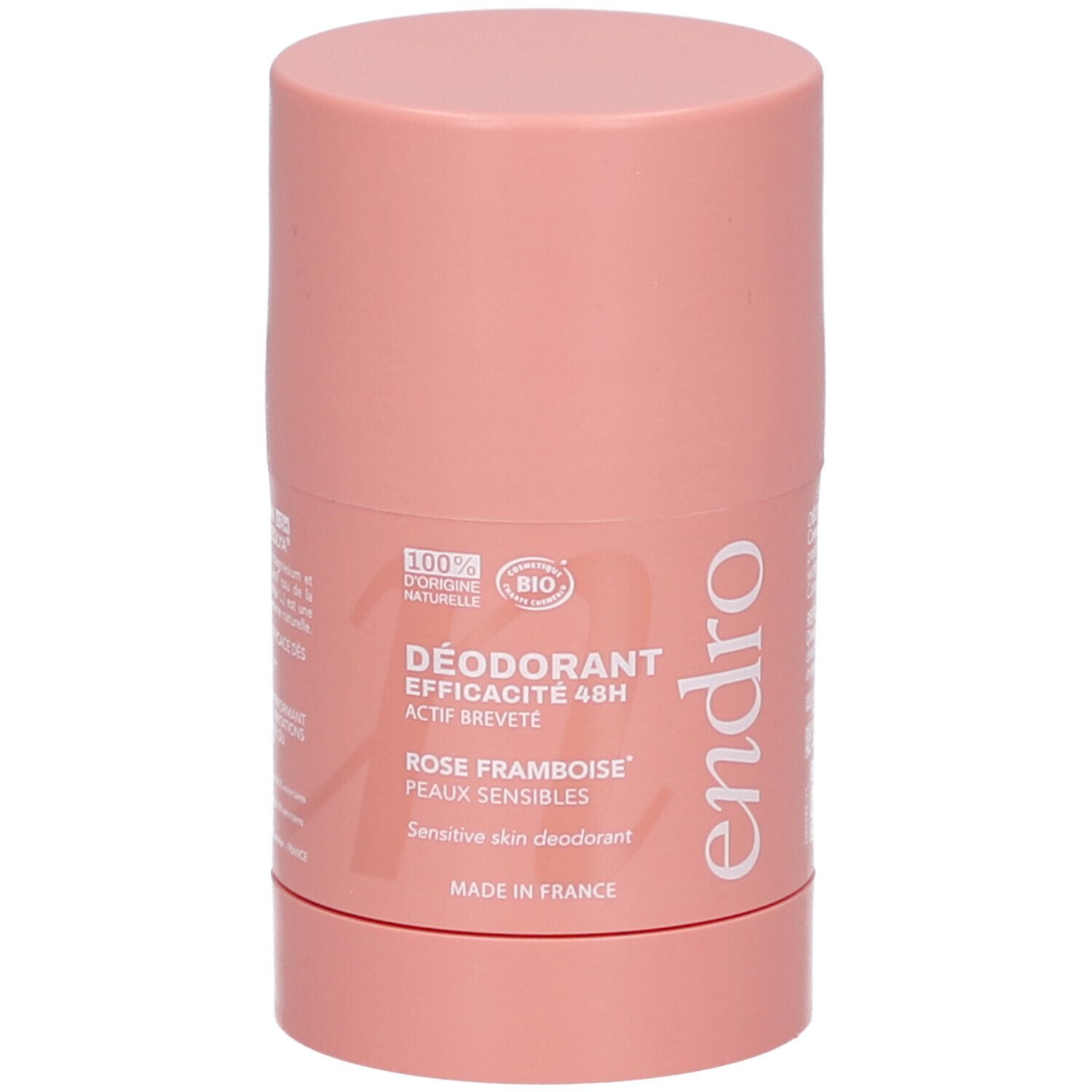 Un deodorante stick rosa con la scritta 'DÉODORANT EFFICACITÉ 48H ACTIF BREVETÉ ROSE FRAMBOISE PEAUX SENSIBLES'.