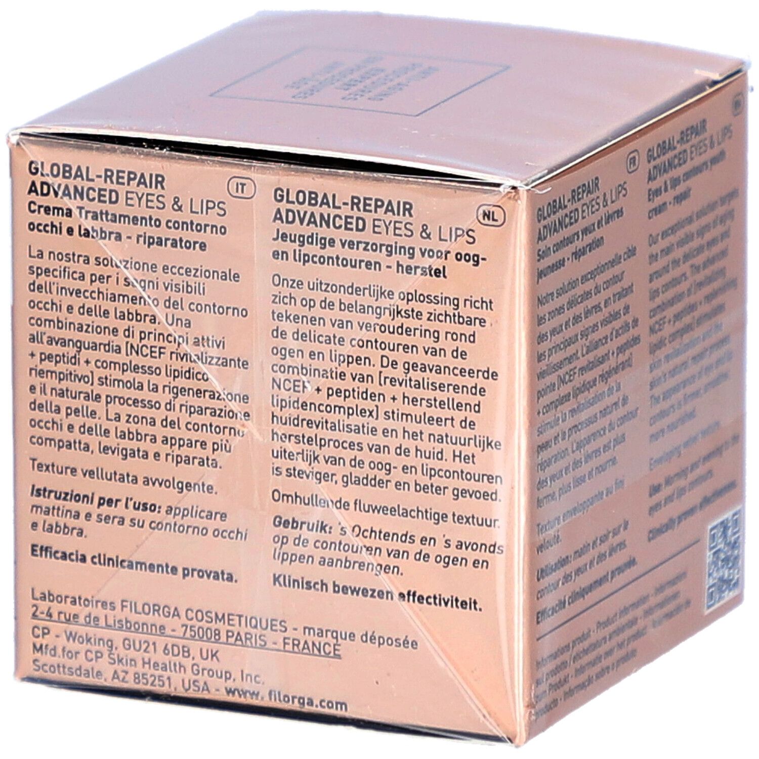 Confezione crema Filorga Global-Repair Advanced Occhi e Labbra con testo.