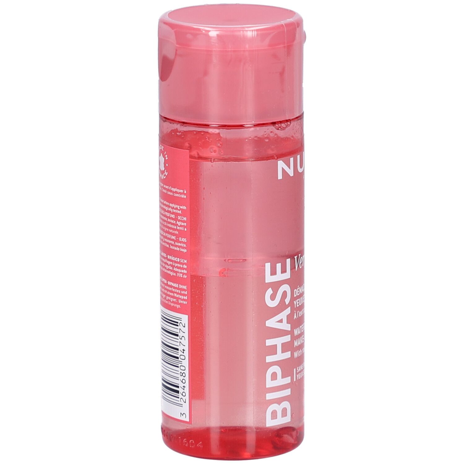 Flacone trasparente con liquido rosa. Scritte: NUXE, Very rose, Biphasé. Codice a barre e testo sul retro.