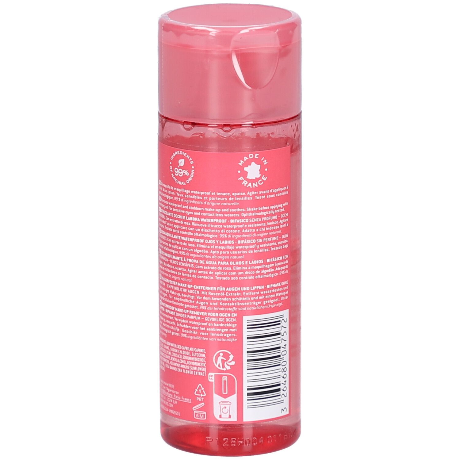 Flacone trasparente con liquido rosa. Scritte: NUXE, Very rose, Biphasé. Testo e loghi sul retro.