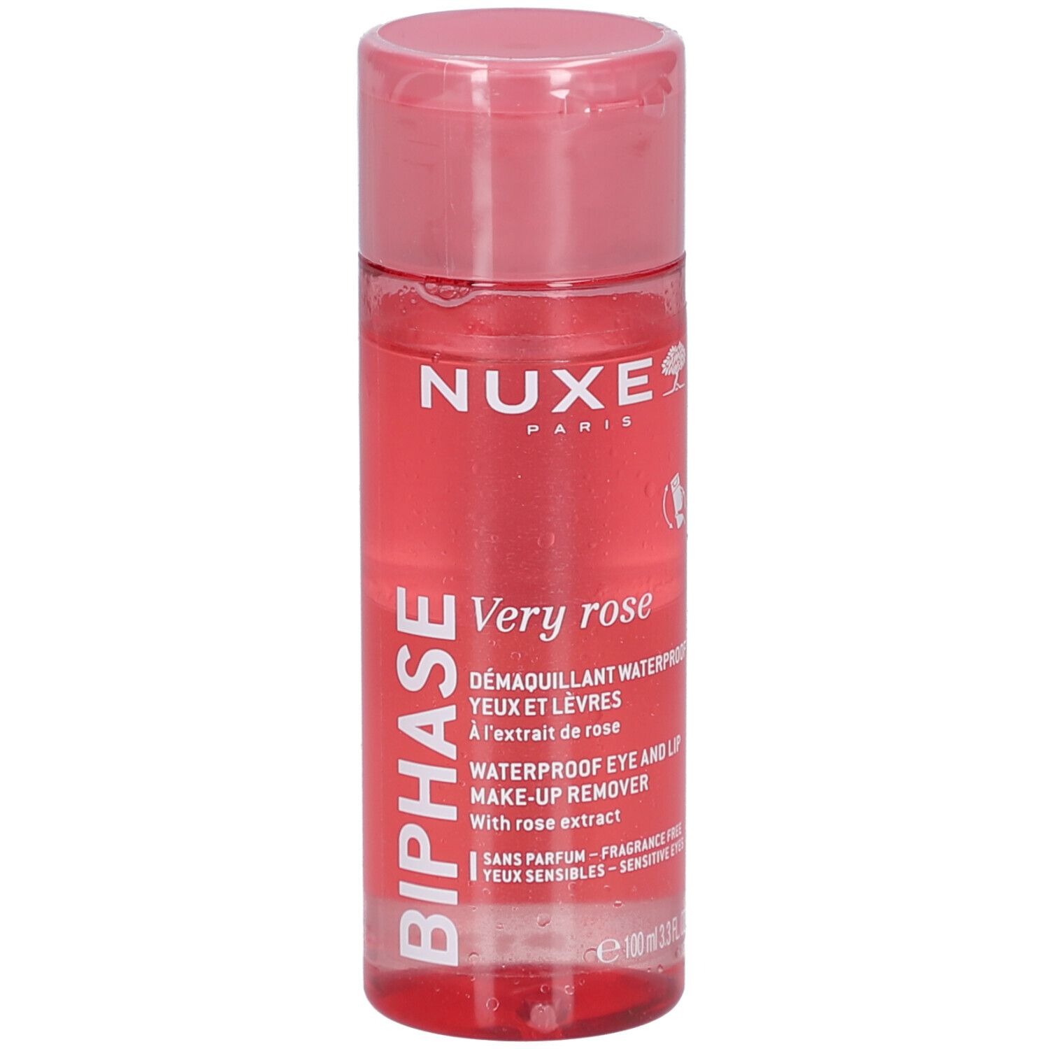 Flacone trasparente con liquido rosa. Scritte: NUXE, Very rose, Biphasé, Démaquillant Yeux et Lèvres Waterproof.