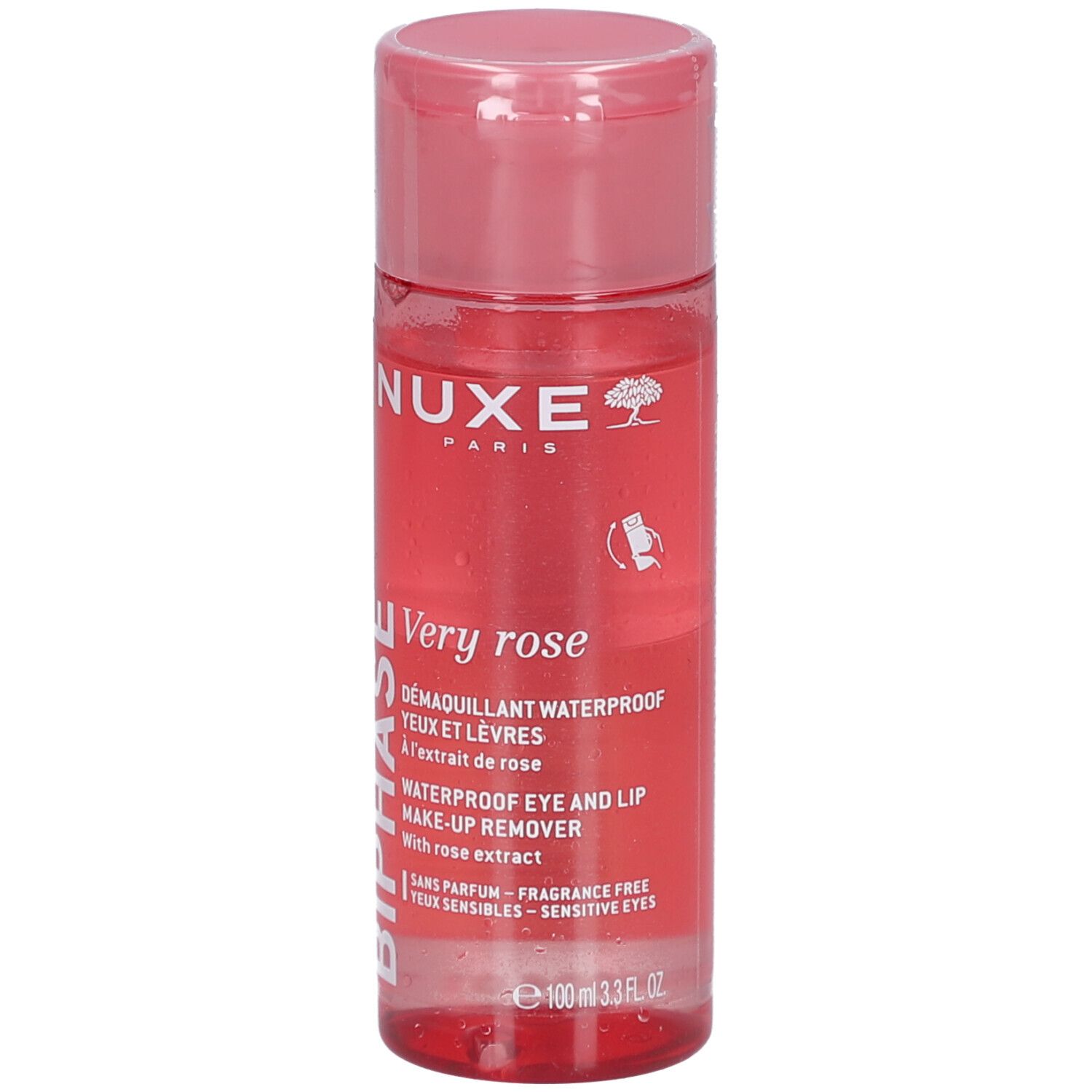 Flacone trasparente con liquido rosa. Scritte: NUXE, Very rose, Biphasé, Démaquillant Yeux et Lèvres Waterproof.