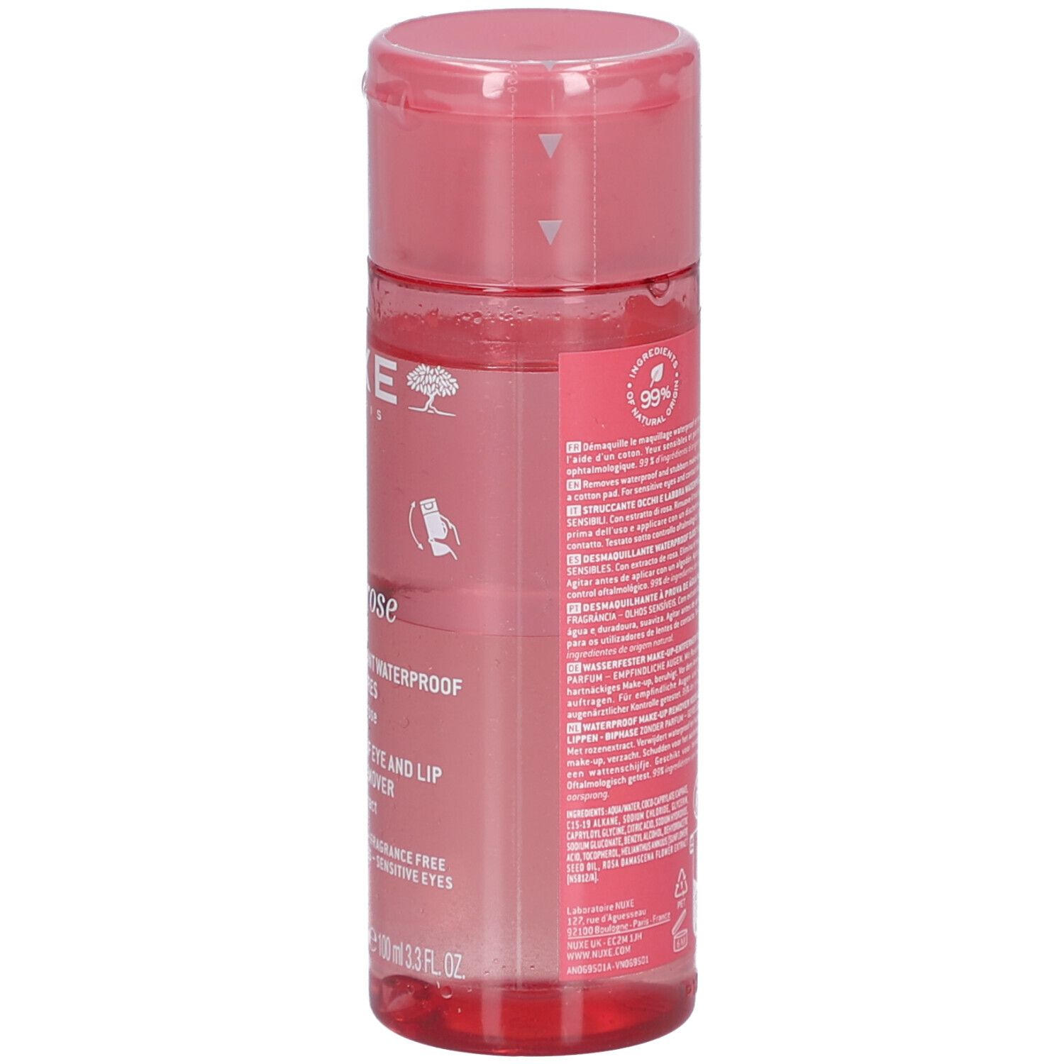 Flacone trasparente con liquido rosa. Scritte: NUXE, Very rose, Biphasé. Testo e loghi sul retro.