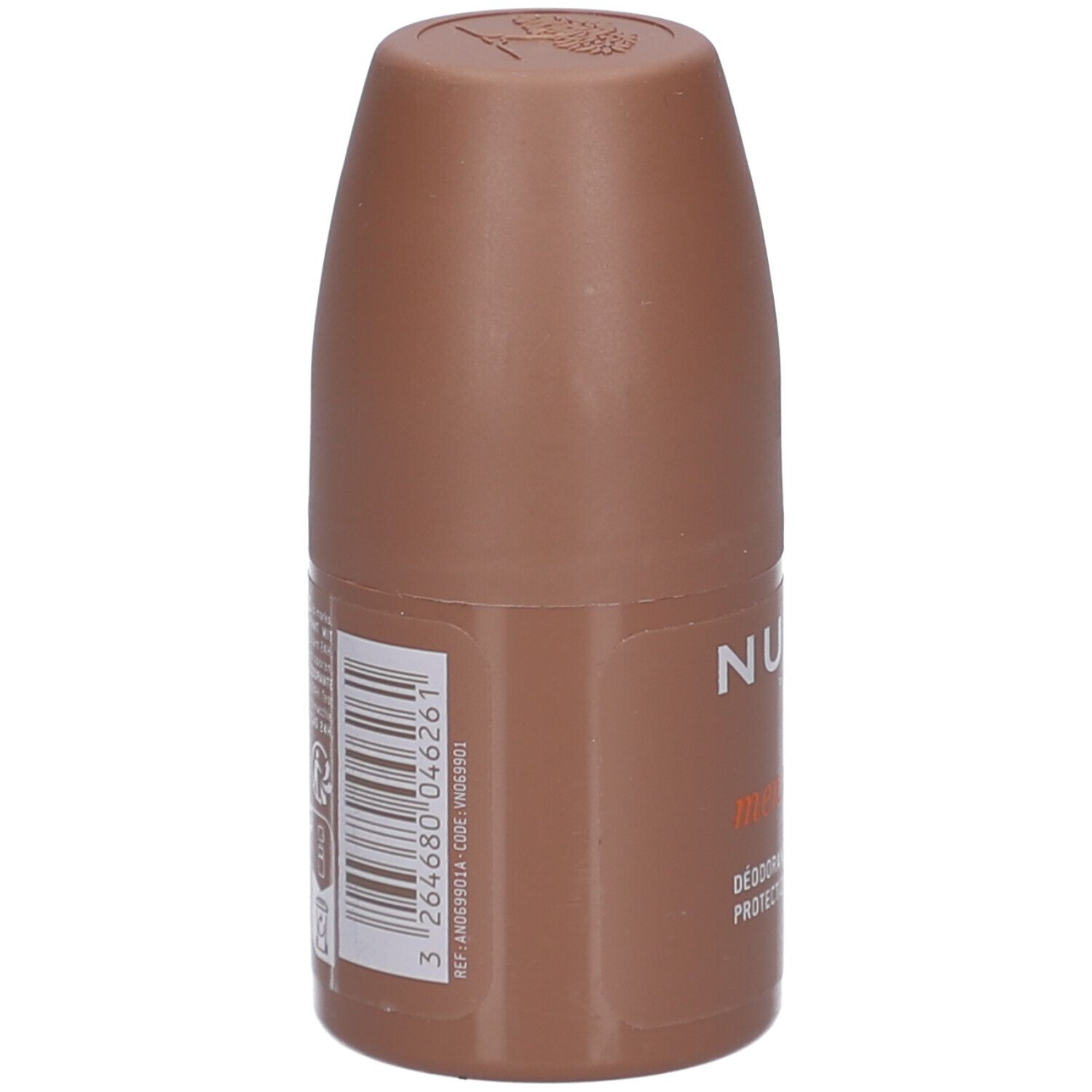 Deodorante roll-on marrone. Codice a barre e testo sul retro.