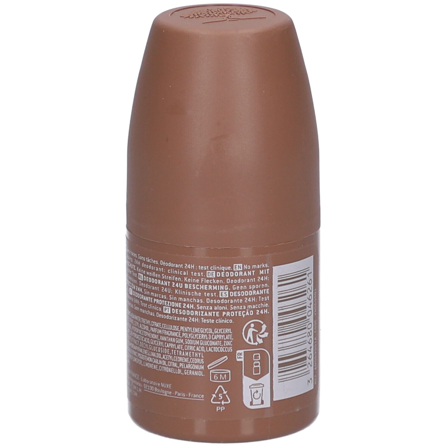 Deodorante roll-on marrone. Testo sul retro, ingredienti.