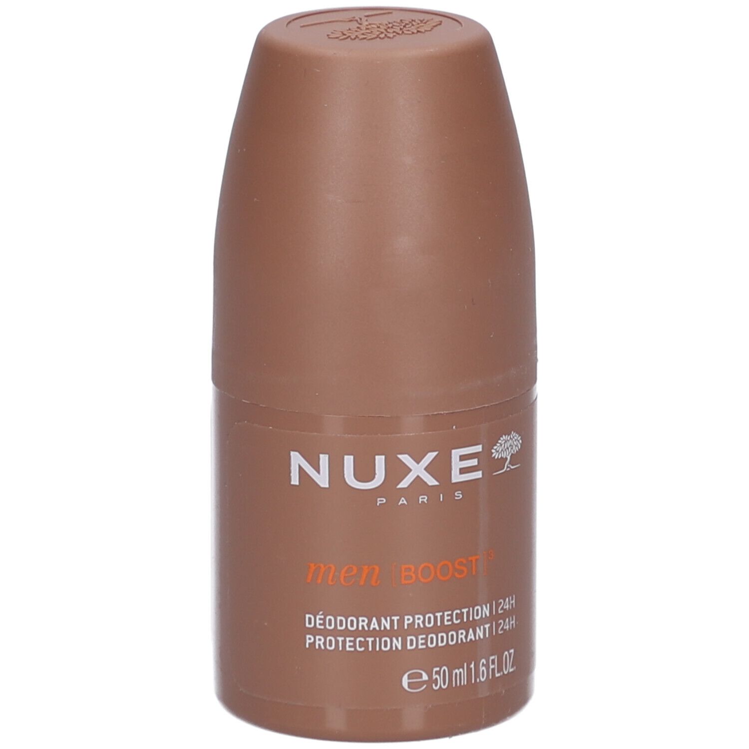 Deodorante roll-on marrone. Scritta: NUXE, men BOOST, protezione 24H. 50 ml.